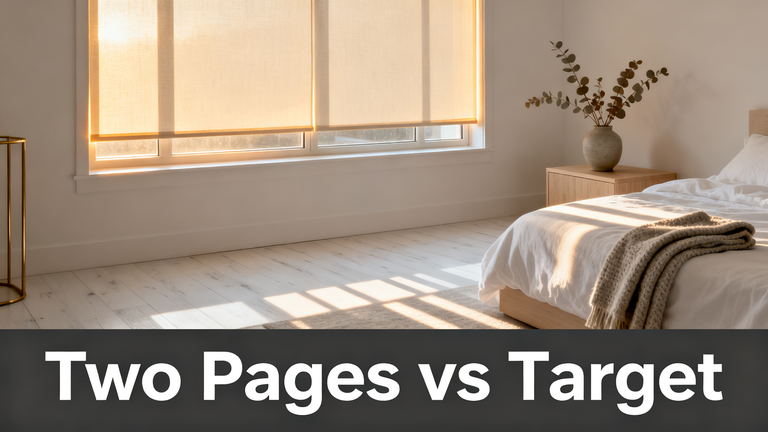 Scandinavian-modern interior at golden hour with window treatment, neutral palette, editorial home photography for Two Pages vs Target