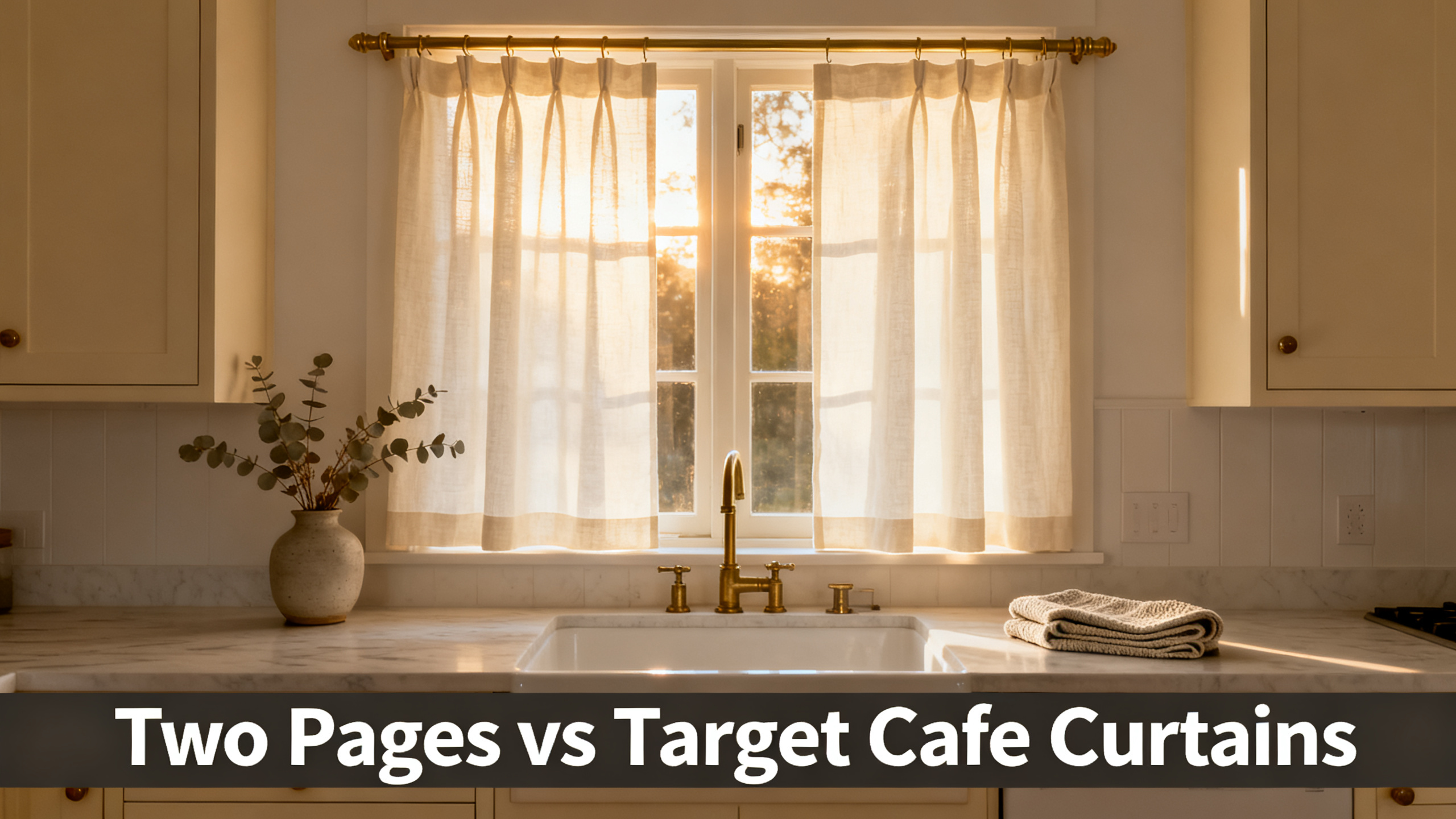 Scandinavian-modern kitchen at golden hour with cream cafe curtains on a slim brass rod above a farmhouse sink, oak floor, brass tap