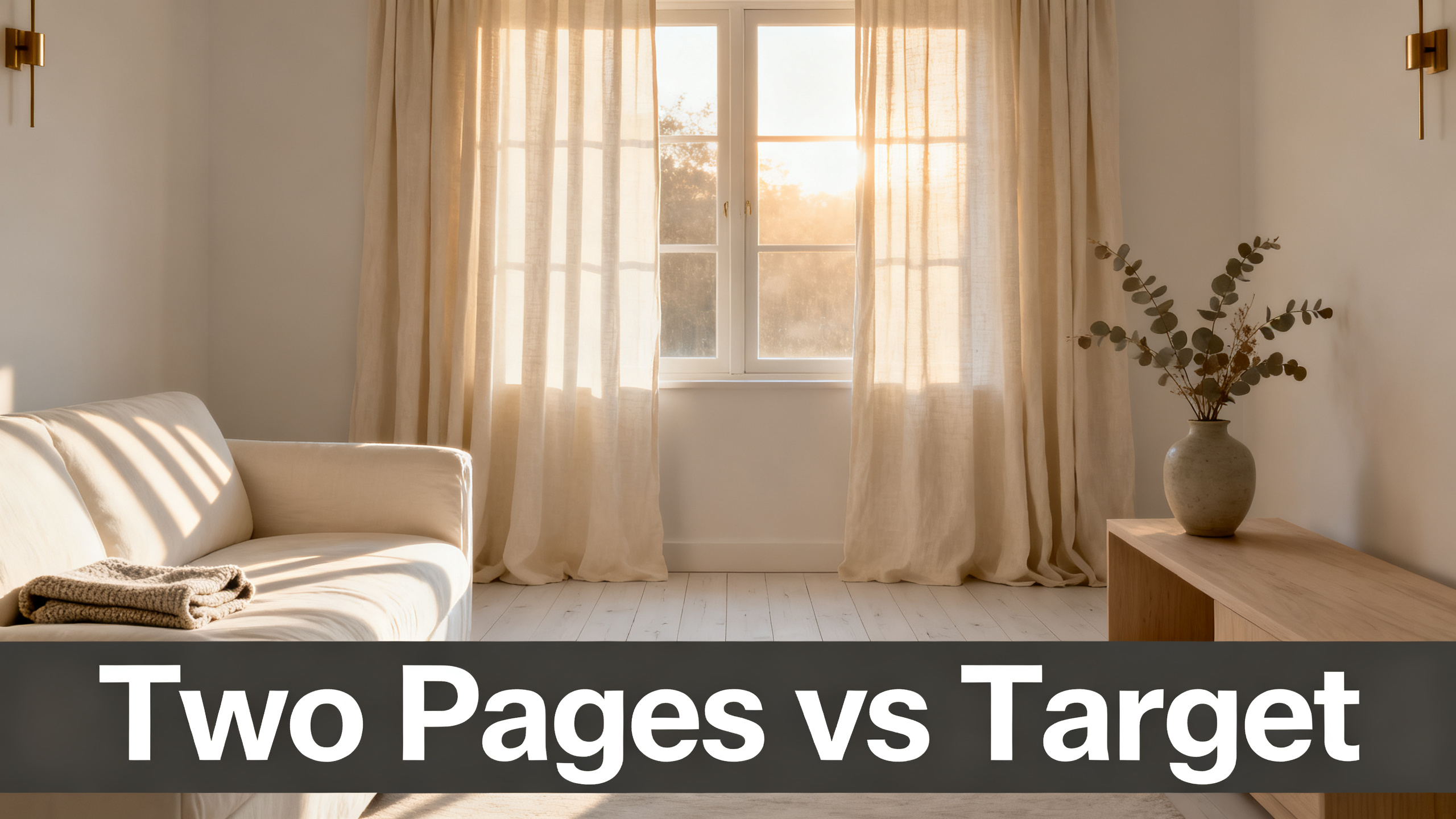 Scandinavian-modern interior at golden hour with window treatment, neutral palette, editorial home photography for Two Pages vs Target