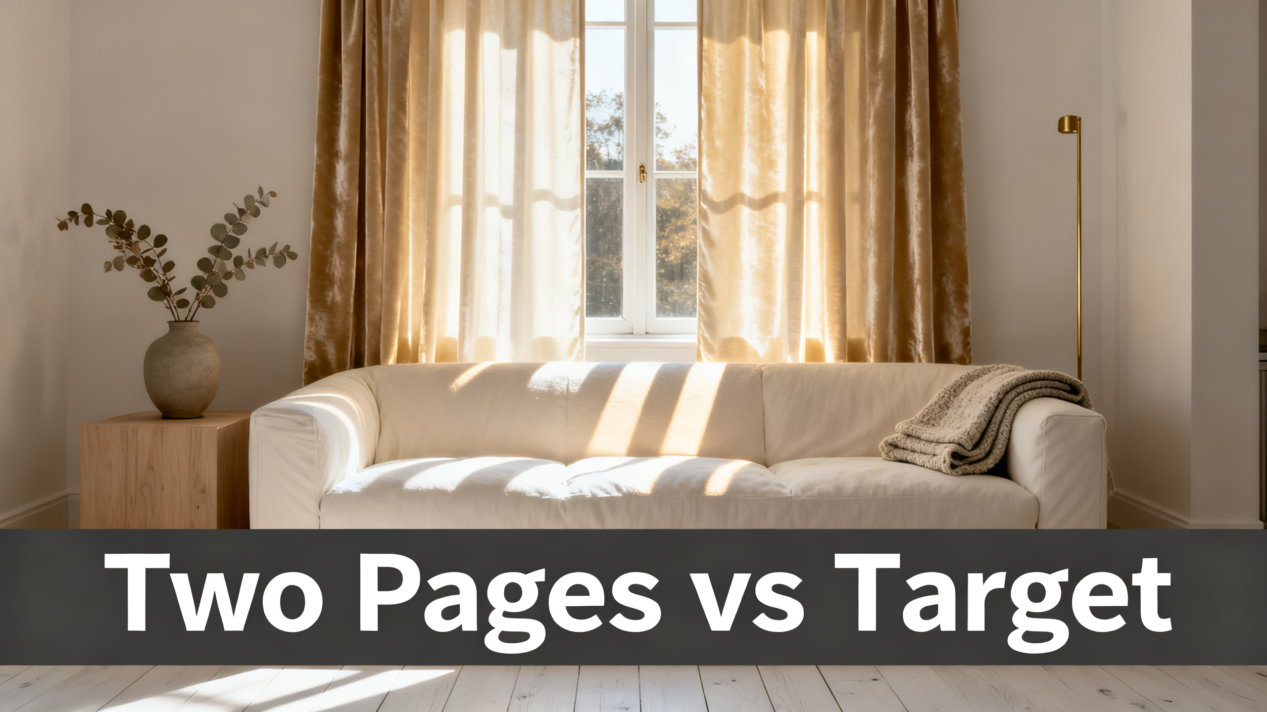 Scandinavian-modern interior at golden hour with window treatment, neutral palette, editorial home photography for Two Pages vs Target