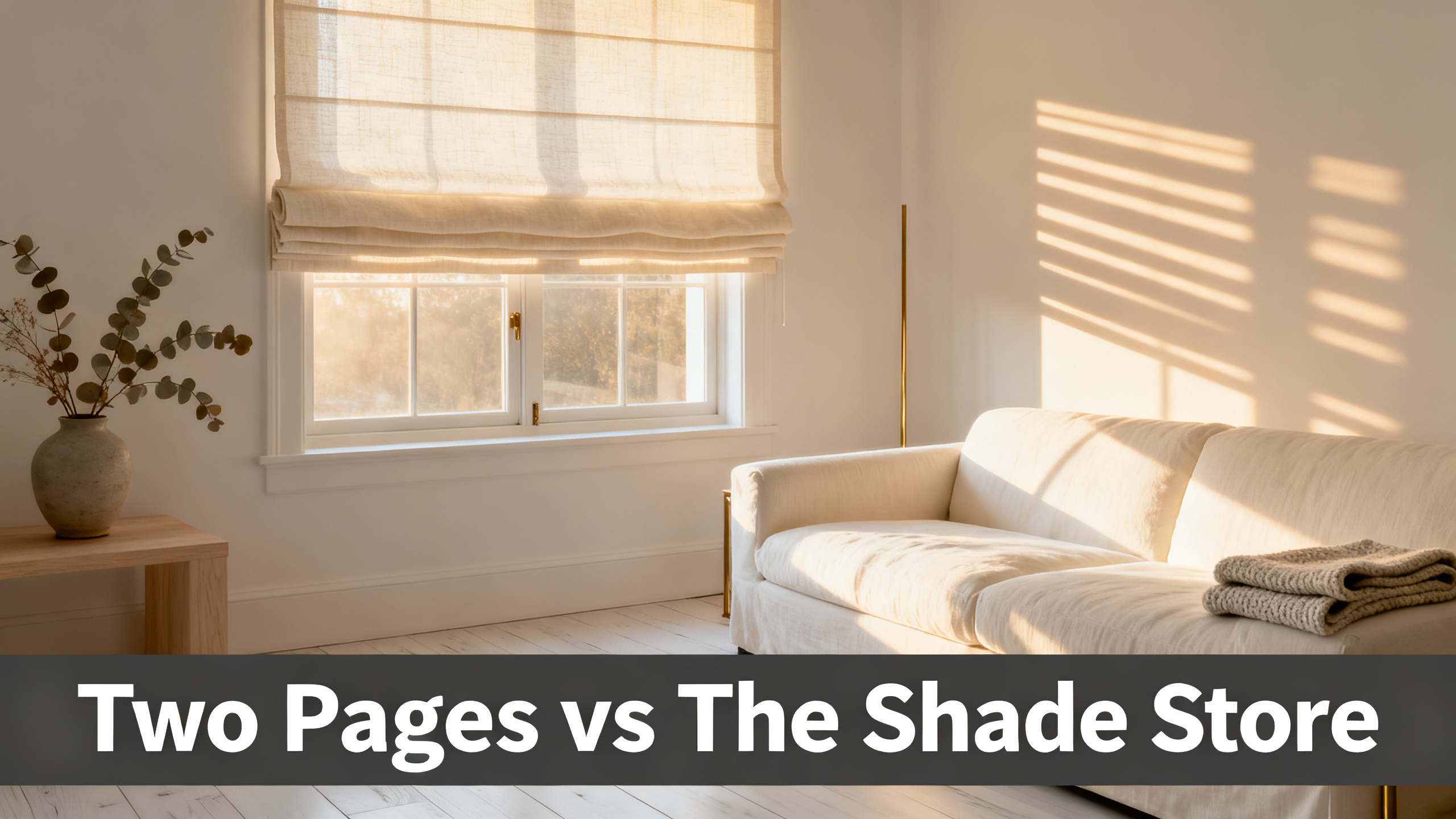 Scandinavian-modern interior at golden hour with window treatment, neutral palette, editorial home photography for Two Pages vs The Shade Store