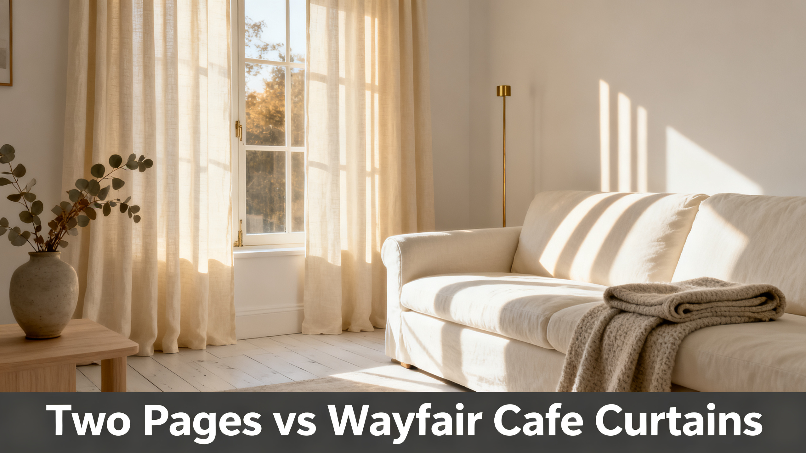 Scandinavian-modern interior at golden hour with window treatment, neutral palette, editorial home photography for Two Pages vs Wayfair Cafe Curtains