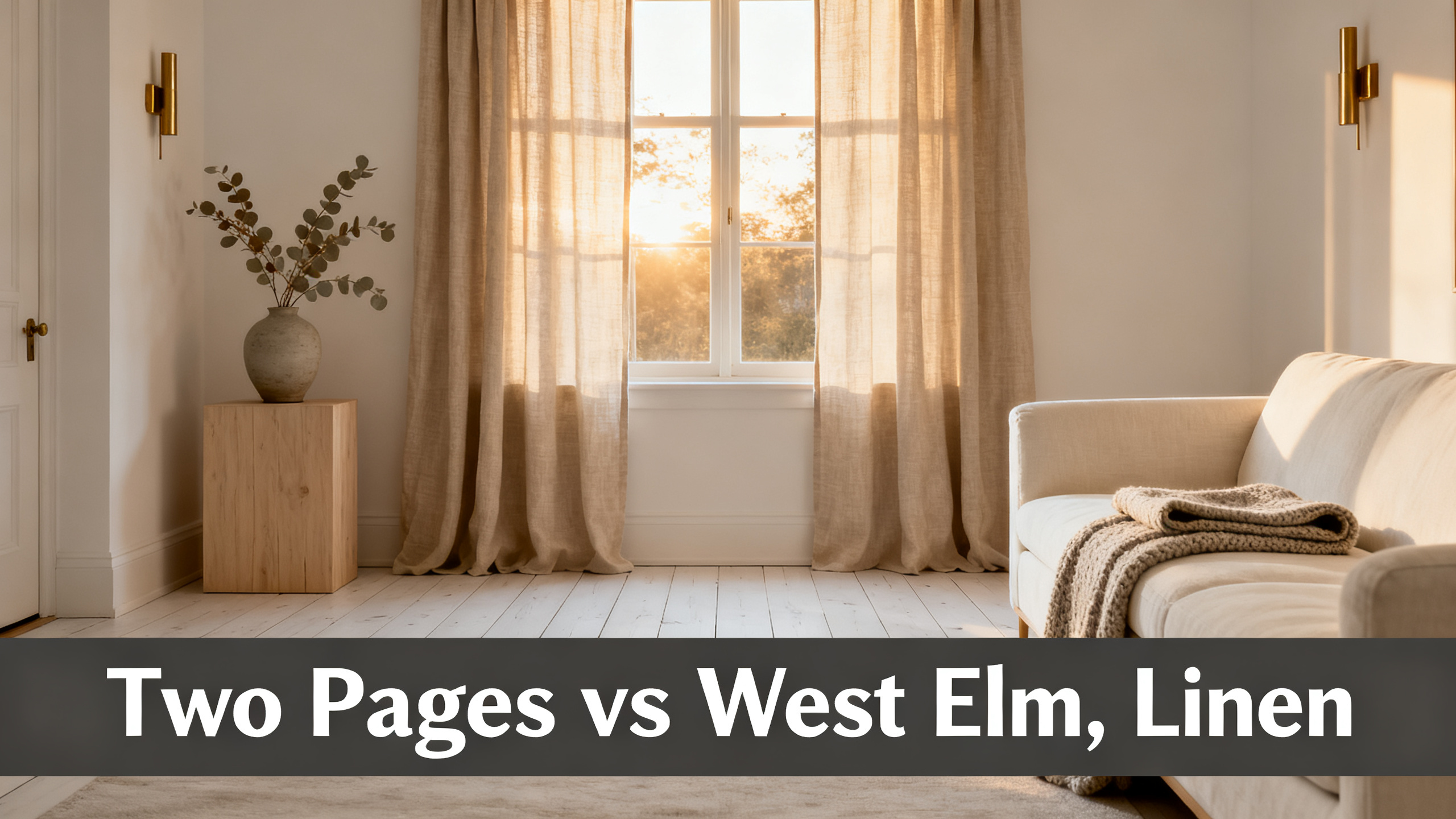 Scandinavian-modern interior at golden hour with window treatment, neutral palette, editorial home photography for Two Pages vs West Elm, Linen