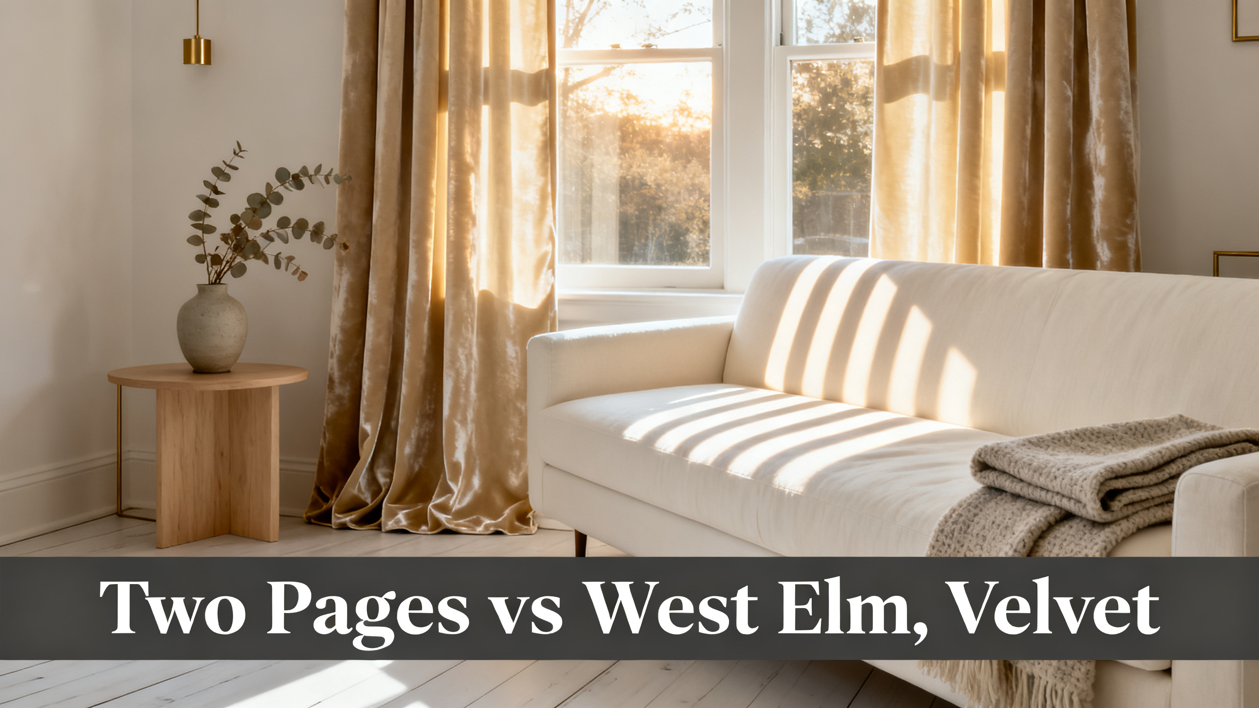 Scandinavian-modern interior at golden hour with window treatment, neutral palette, editorial home photography for Two Pages vs West Elm, Velvet