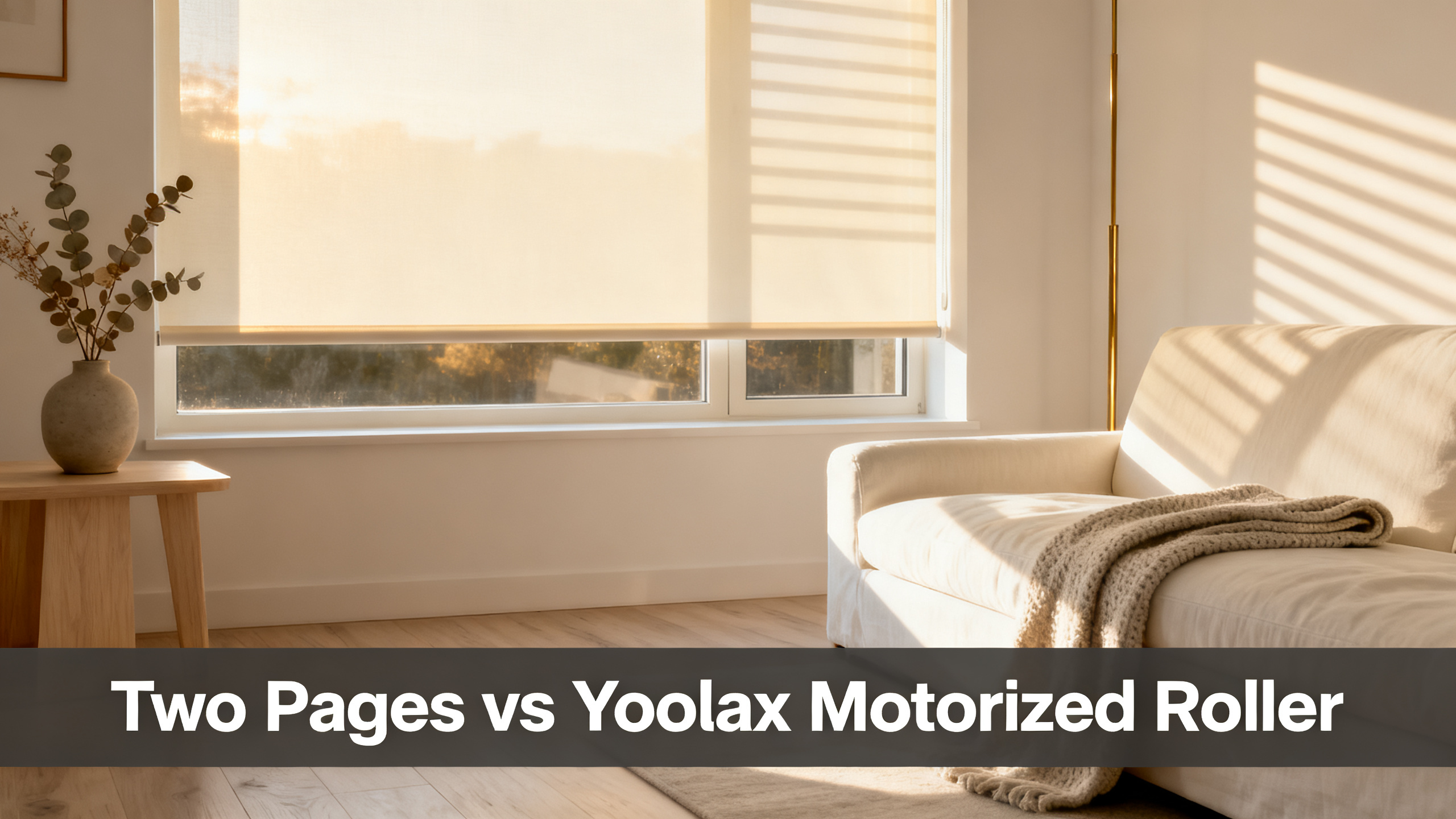 Scandinavian-modern interior at golden hour with window treatment, neutral palette, editorial home photography for Two Pages vs Yoolax Motorized Roller