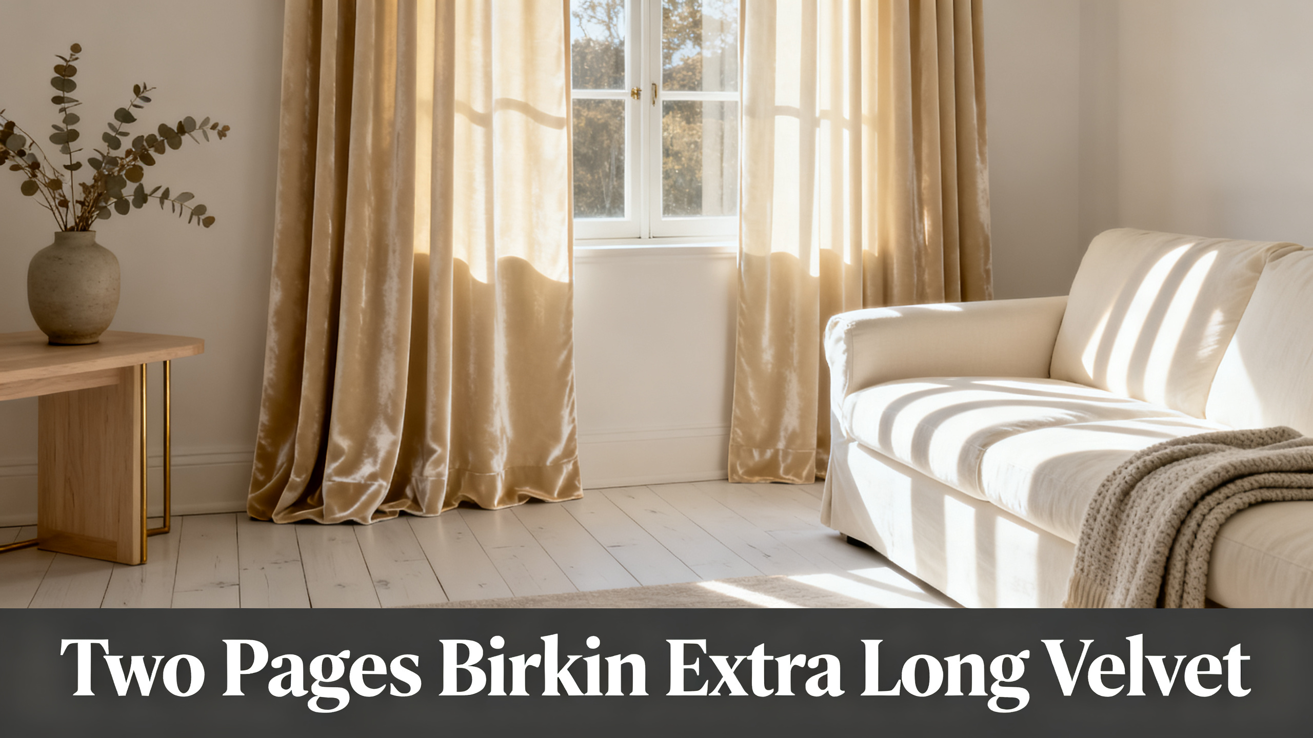 Scandinavian-modern interior at golden hour with window treatment, neutral palette, editorial home photography for Two Pages Birkin Extra Long Velvet