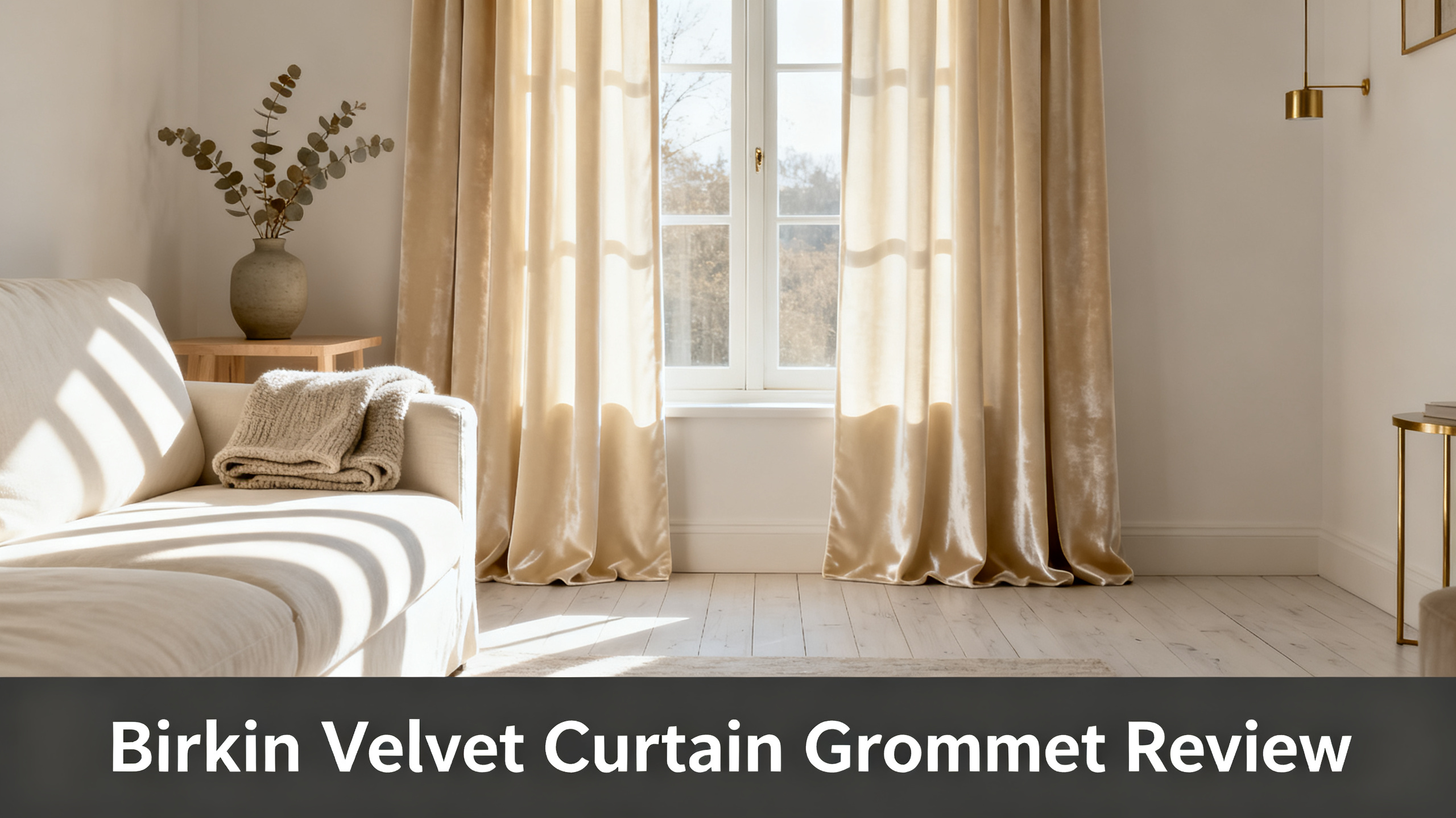 Scandinavian-modern interior at golden hour with window treatment, neutral palette, editorial home photography for Birkin Velvet Curtain Grommet Review