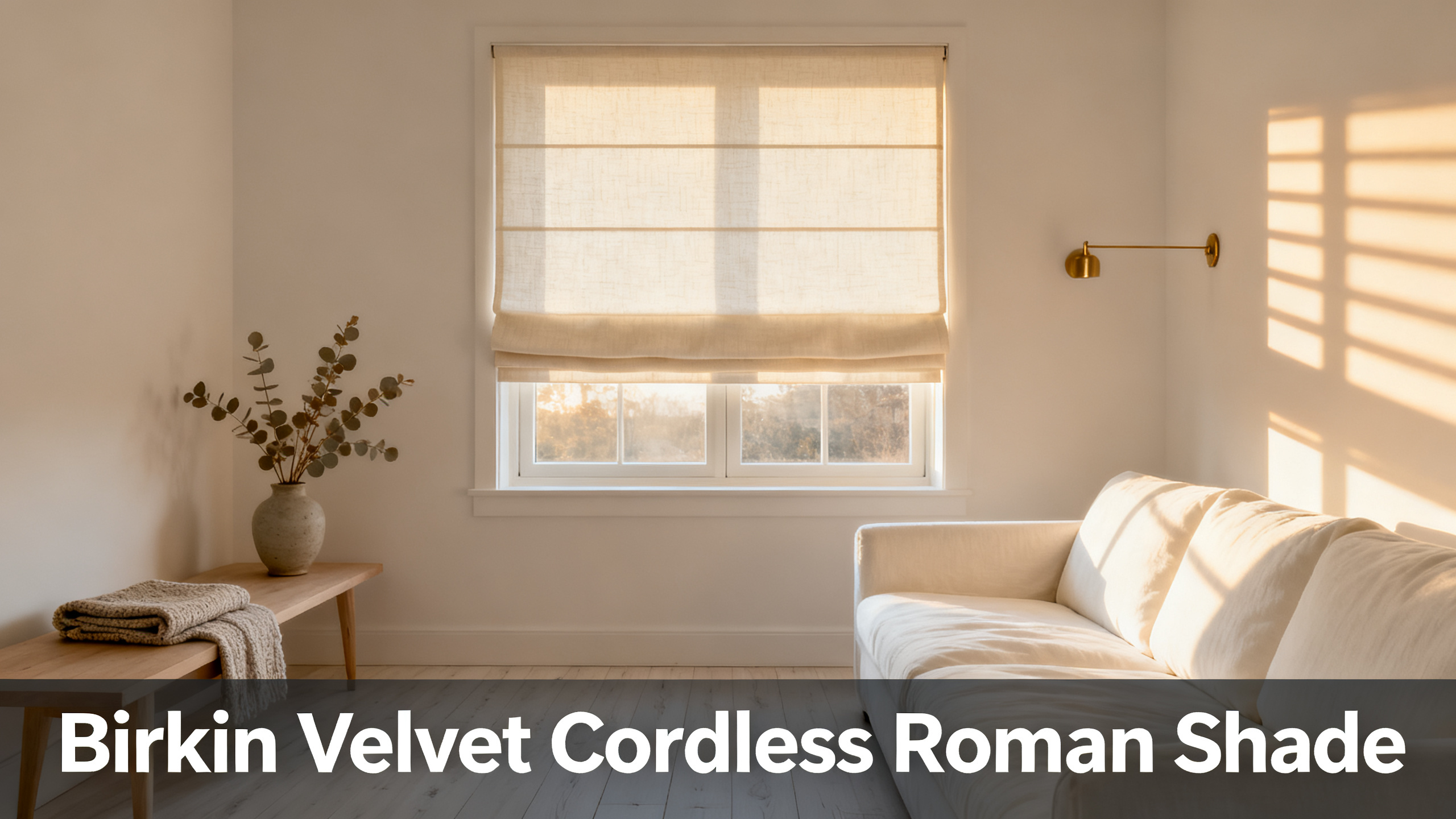Scandinavian-modern interior at golden hour with window treatment, neutral palette, editorial home photography for Birkin Velvet Cordless Roman Shade