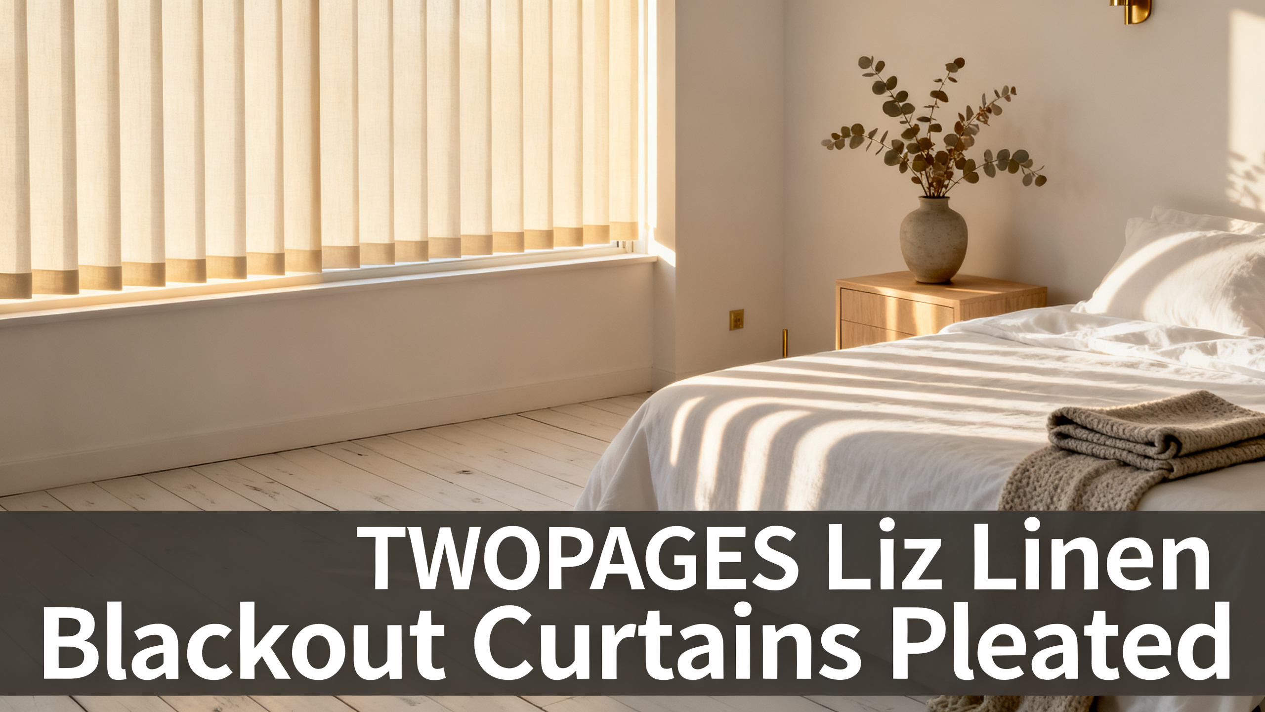 Scandinavian-modern interior at golden hour with window treatment, neutral palette, editorial home photography for TWOPAGES Liz Linen Blackout Curtains Pleated