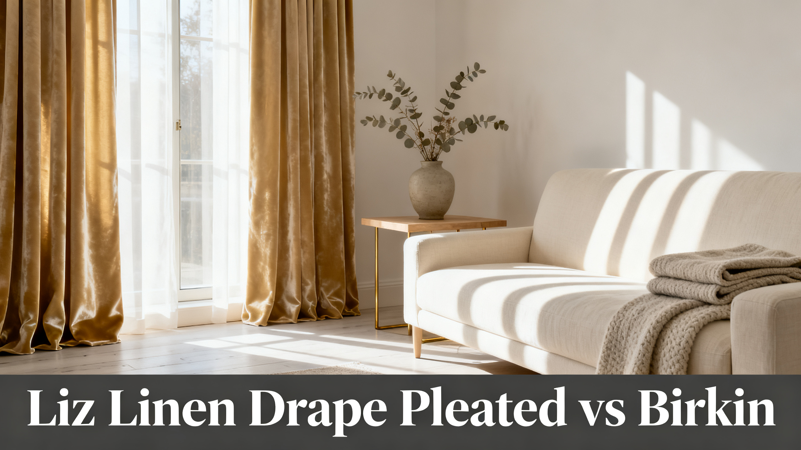 Scandinavian-modern interior at golden hour with window treatment, neutral palette, editorial home photography for Liz Linen Drape Pleated vs Birkin