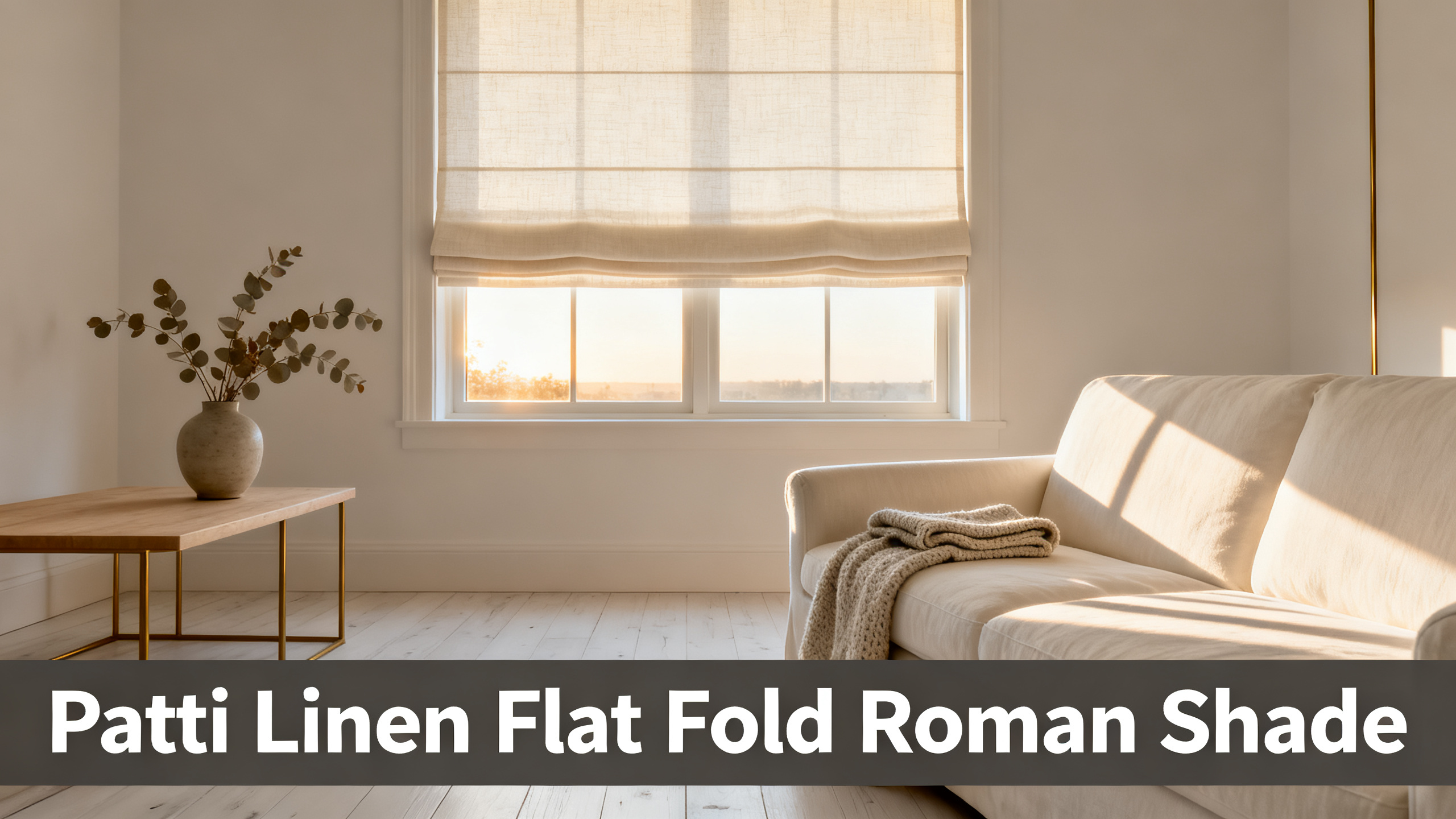 Scandinavian-modern interior at golden hour with window treatment, neutral palette, editorial home photography for Patti Linen Flat Fold Roman Shade