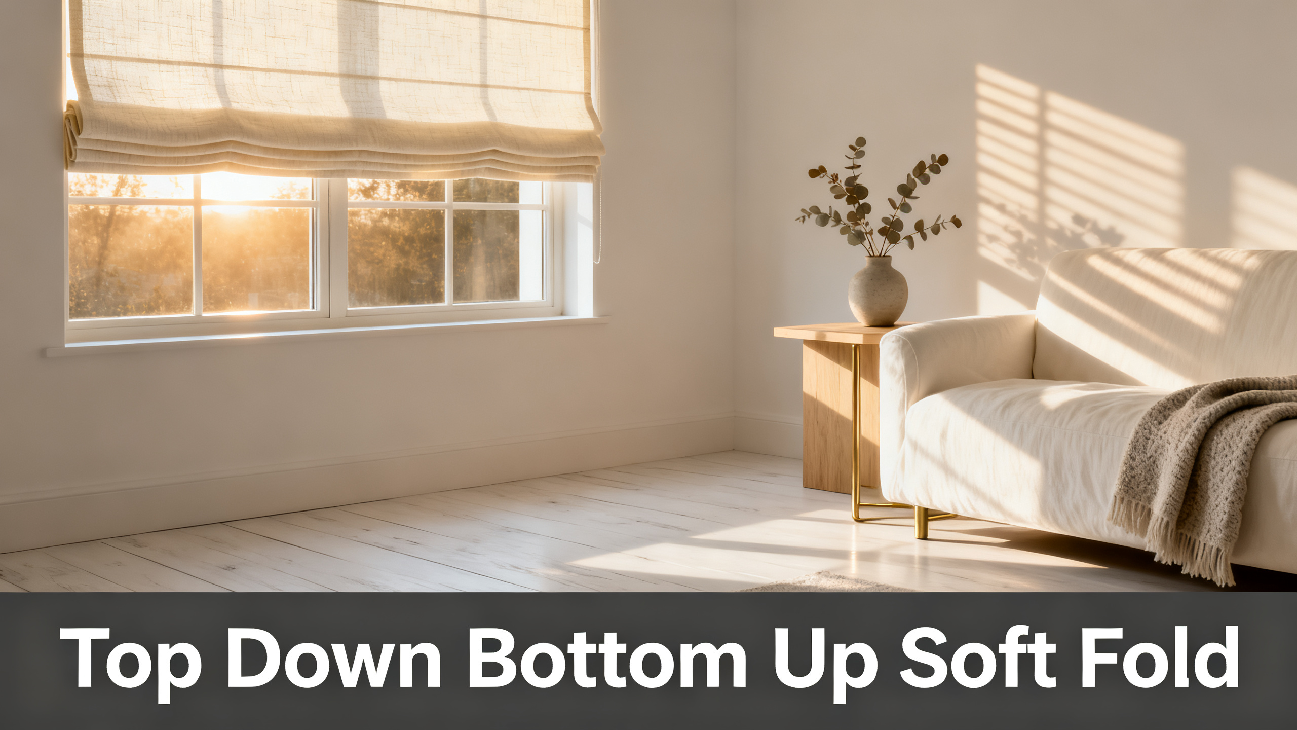 Scandinavian-modern interior at golden hour with window treatment, neutral palette, editorial home photography for Top Down Bottom Up Soft Fold