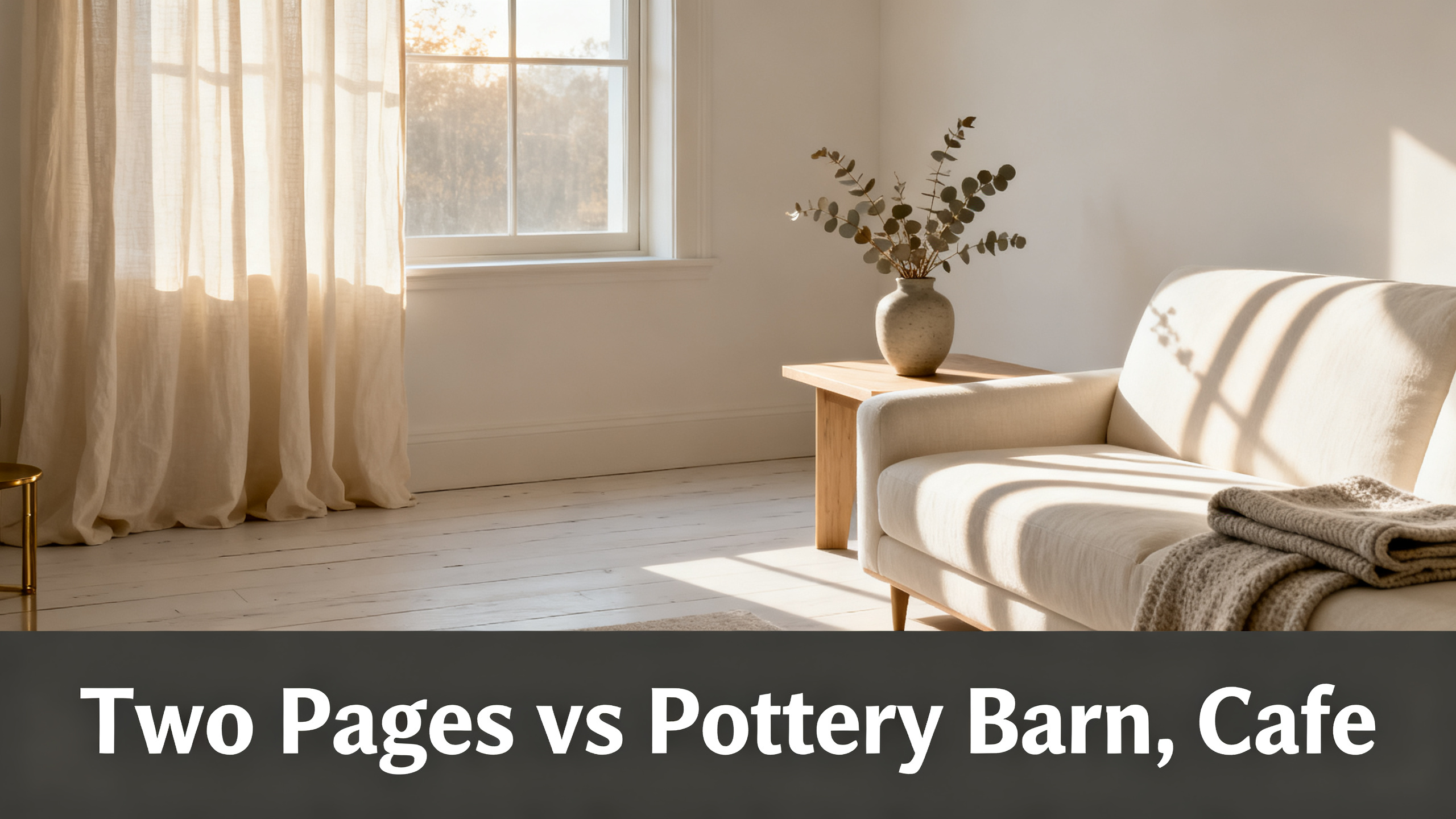 Scandinavian-modern interior at golden hour with window treatment, neutral palette, editorial home photography for Two Pages vs Pottery Barn, Cafe