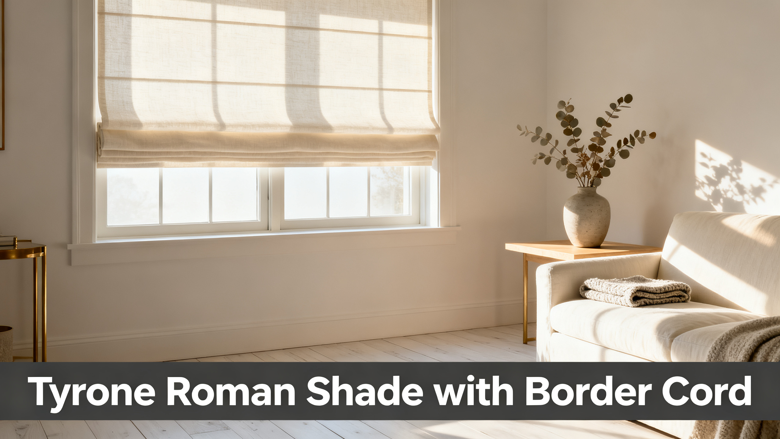 Scandinavian-modern interior at golden hour with window treatment, neutral palette, editorial home photography for Tyrone Roman Shade with Border Cord