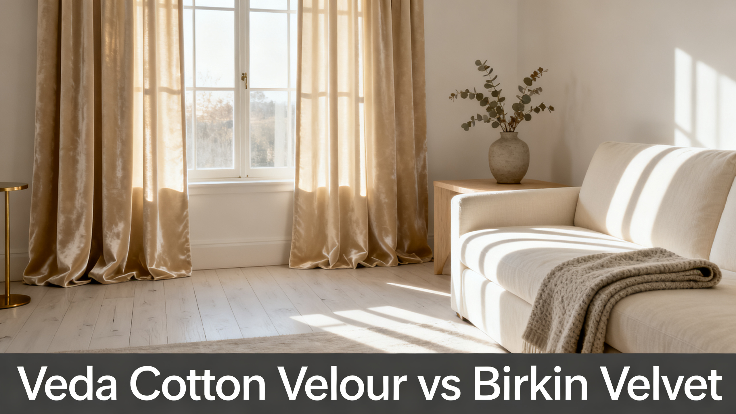 Scandinavian-modern interior at golden hour with window treatment, neutral palette, editorial home photography for Veda Cotton Velour vs Birkin Velvet