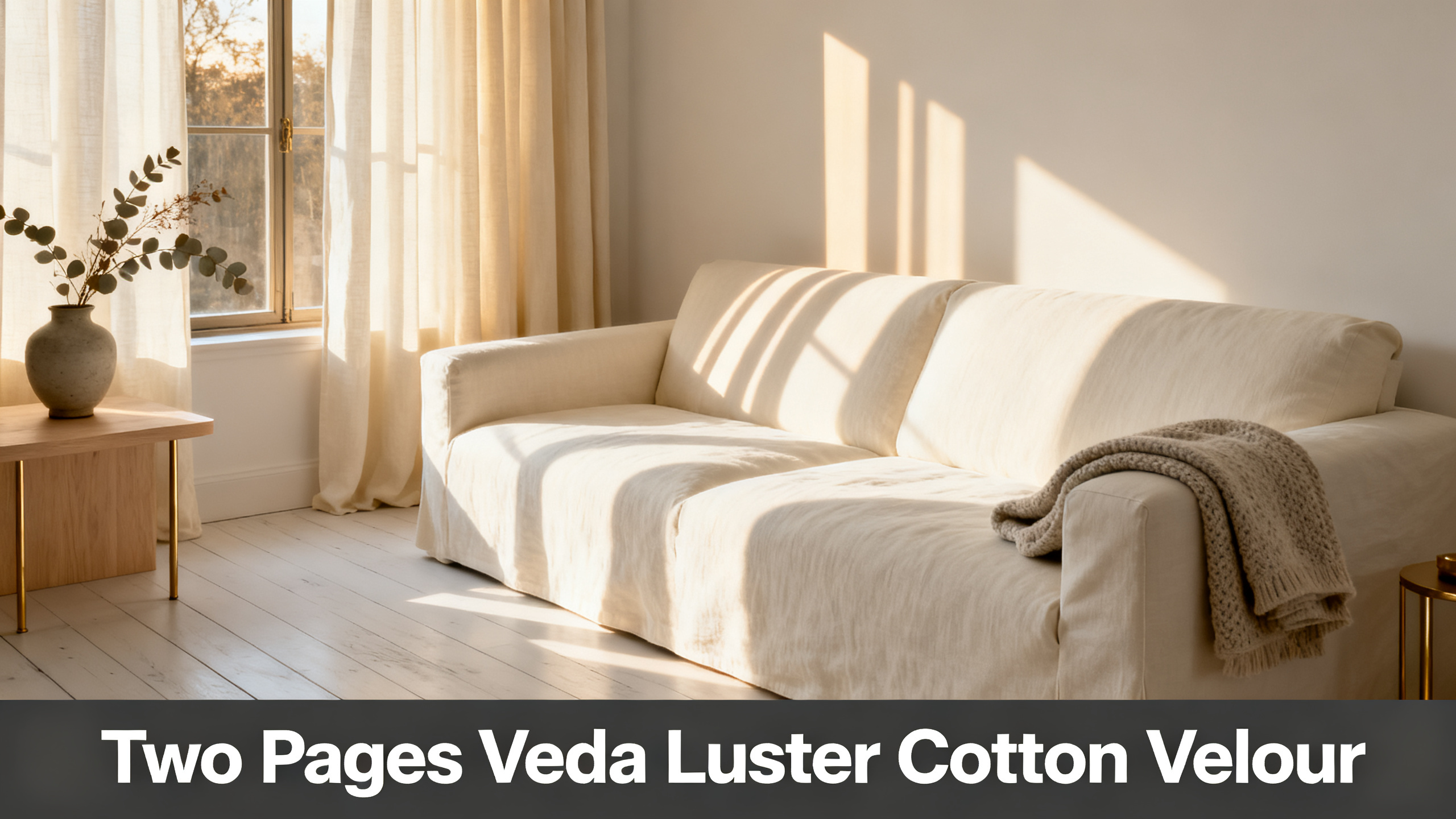 Scandinavian-modern interior at golden hour with window treatment, neutral palette, editorial home photography for Two Pages Veda Luster Cotton Velour