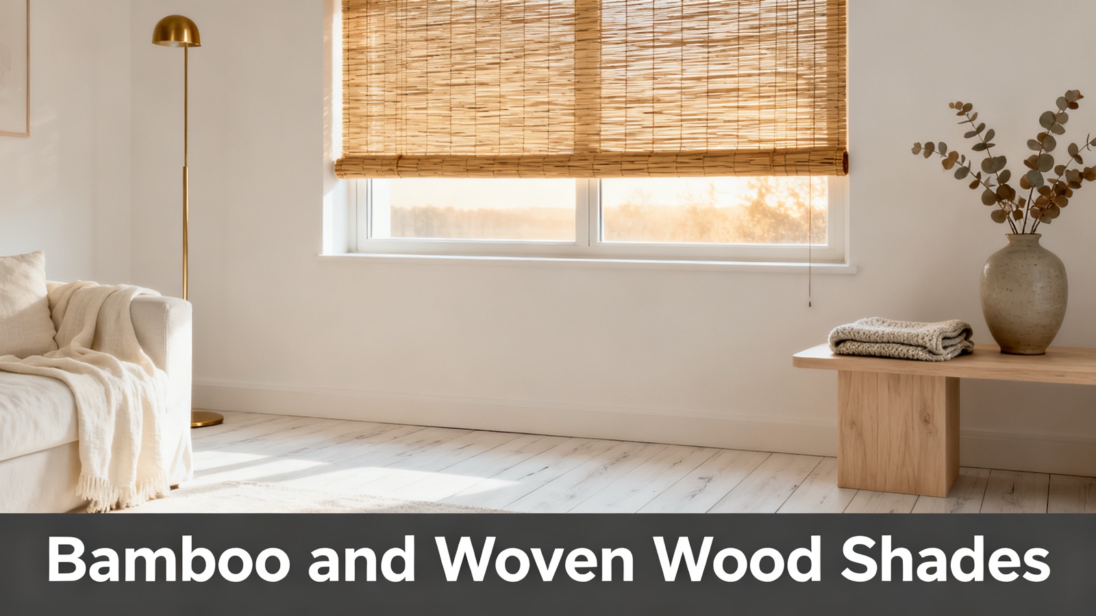 Natural bamboo woven wood shade partially raised