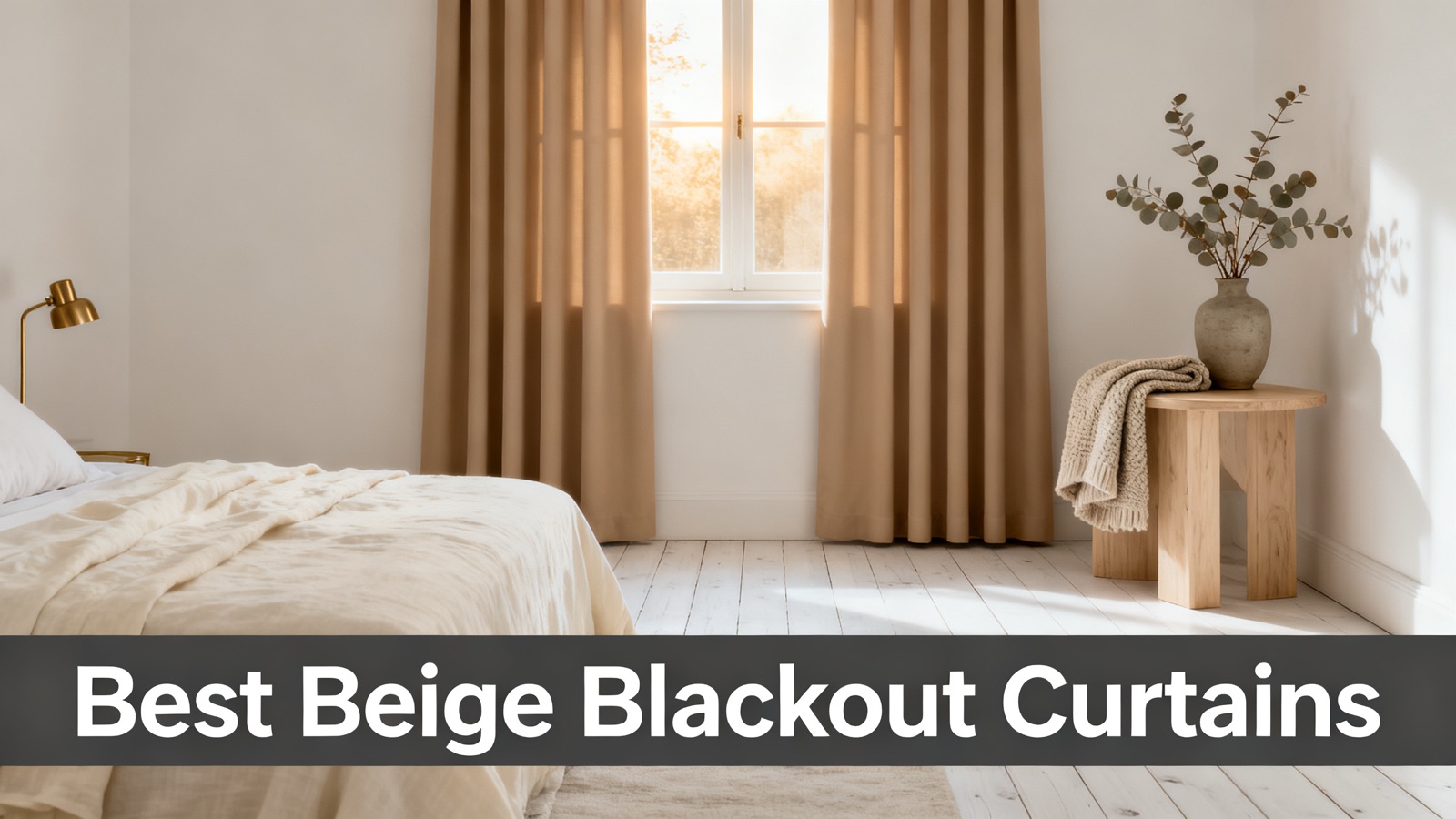 Warm beige blackout drapes in a neutral bedroom