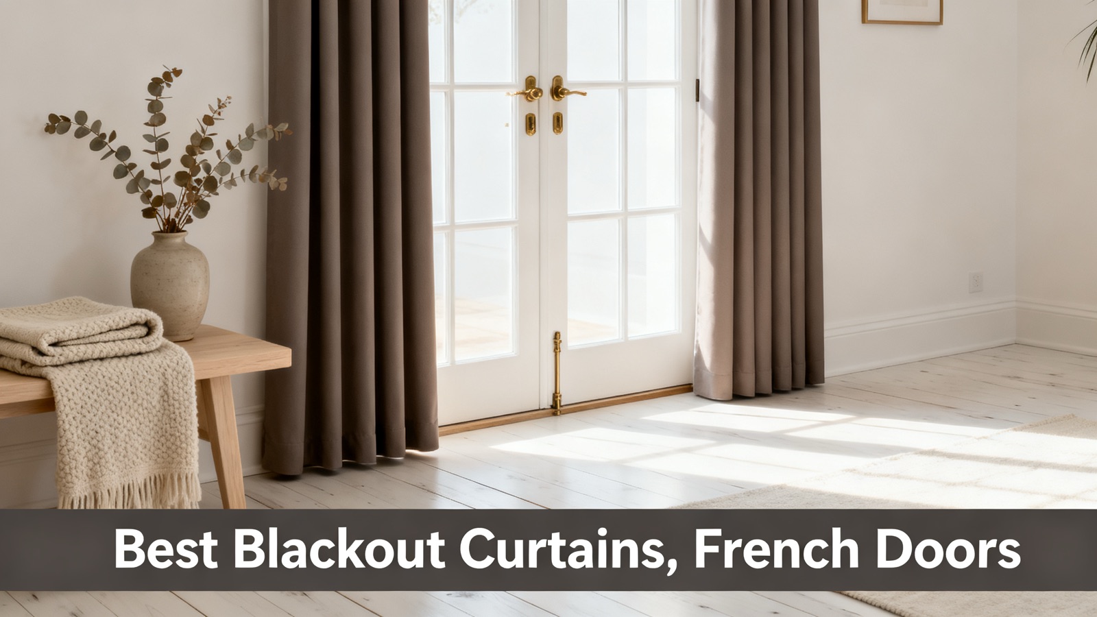 Blackout drapes covering white french doors