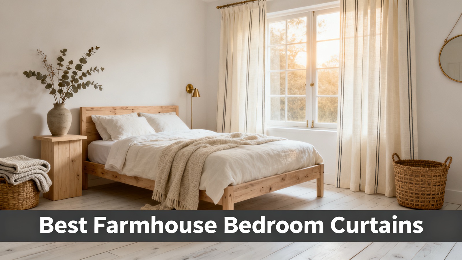Cream farmhouse curtains on a bedroom window at golden hour