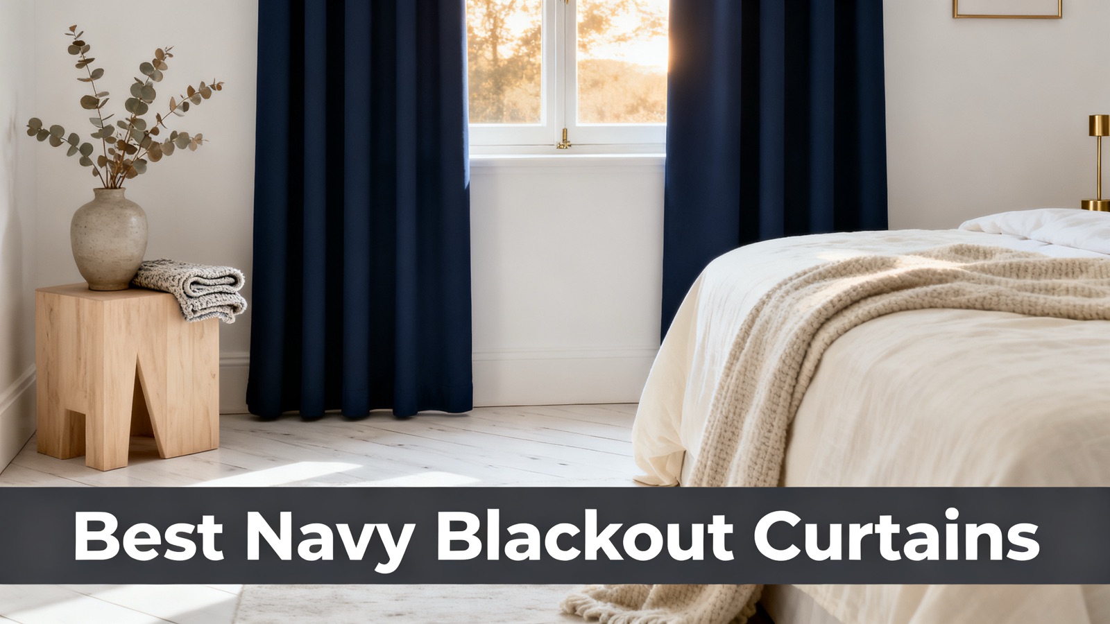 Deep navy blackout drapes against off-white walls