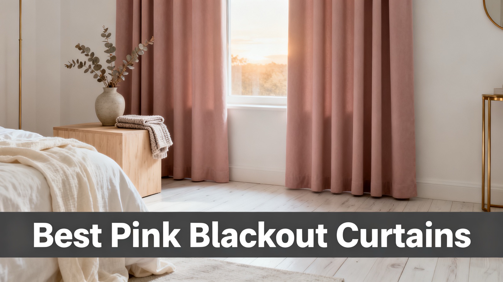 Blush pink blackout drapes in a soft bedroom