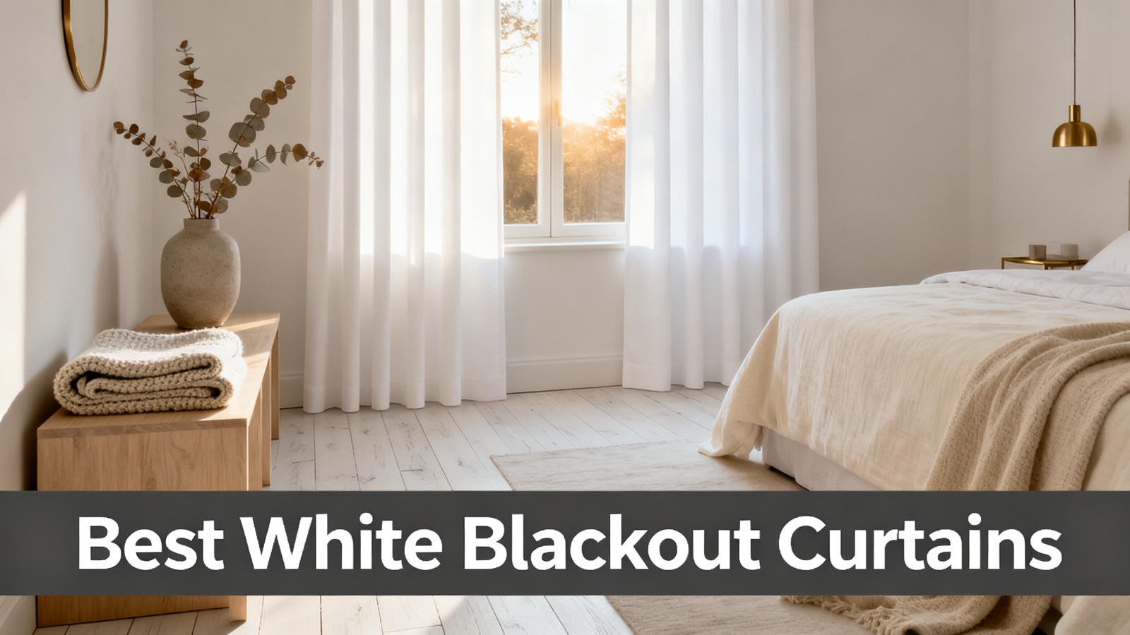 Crisp white blackout drapes in a luminous bedroom