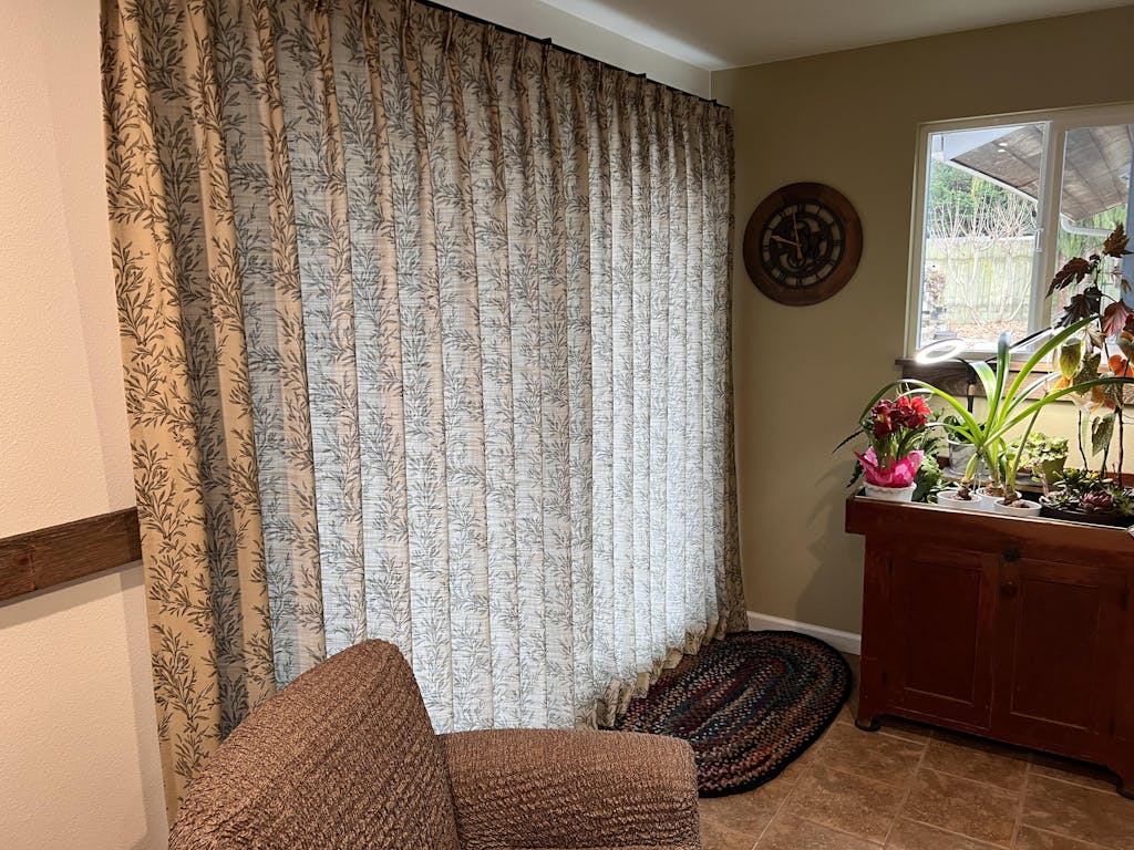 Sara Le Print Linen Drapery Pleated with privacy lining and memory shaping