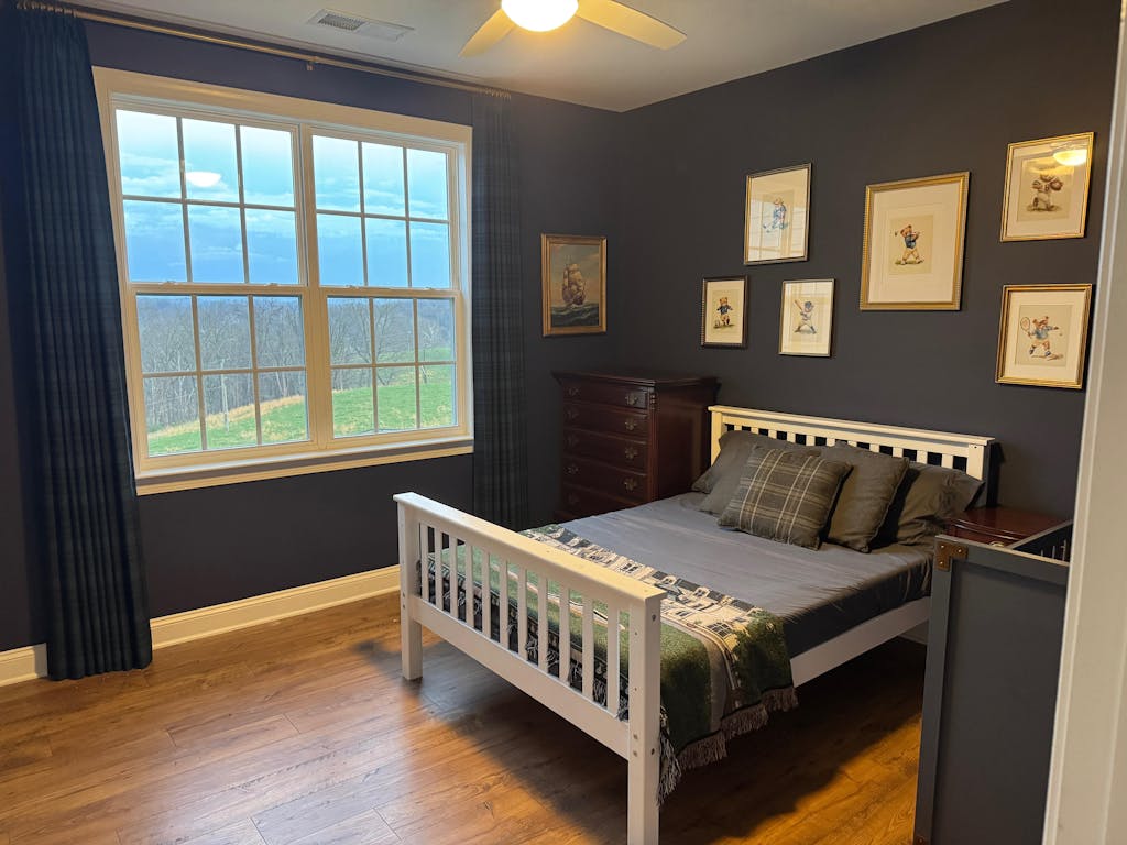 Sara Le Print Linen Drapery Pleated installed in bedroom by verified buyer