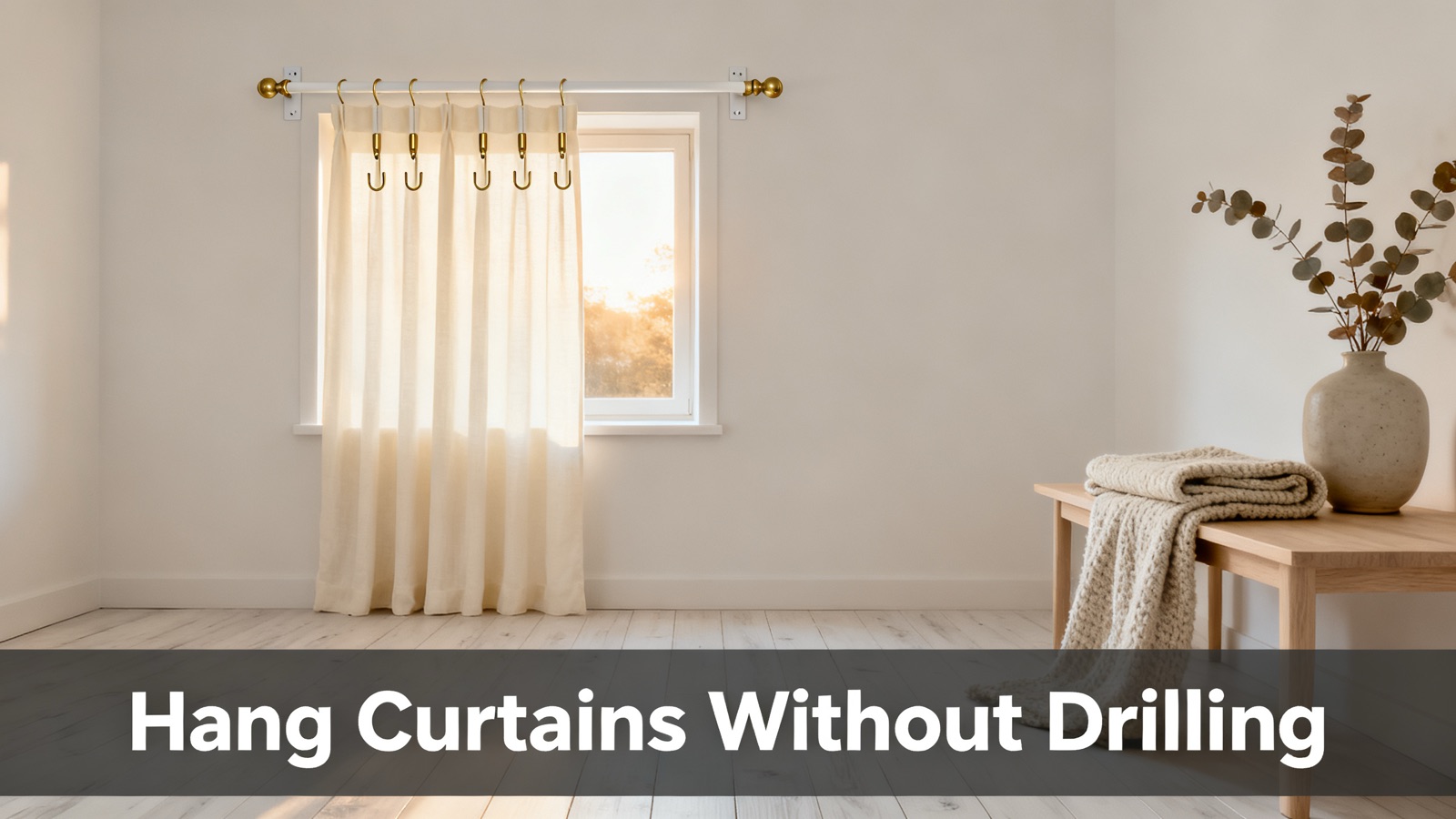 Curtains hung with a tension rod, no drilling