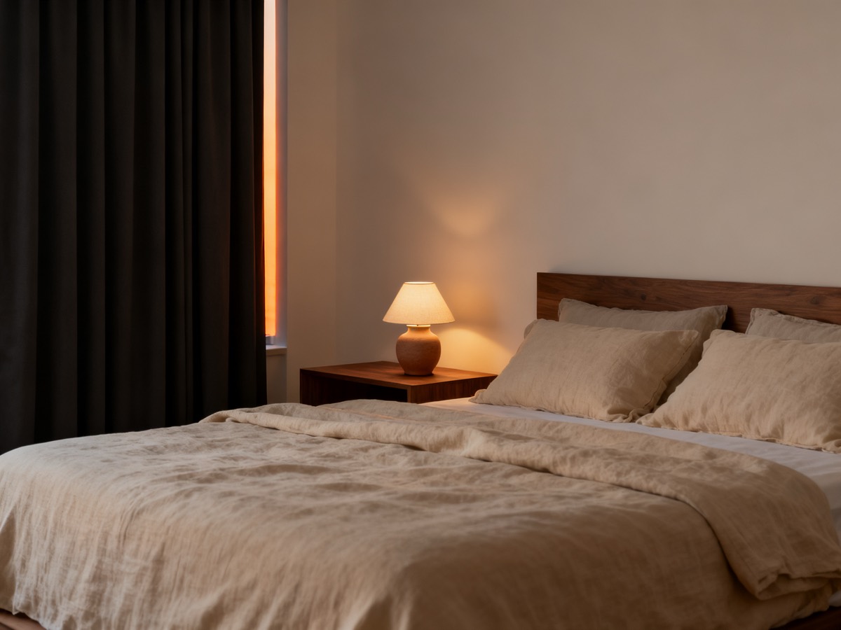 Charcoal blackout curtains almost fully drawn in a dusk-lit Scandinavian-modern bedroom