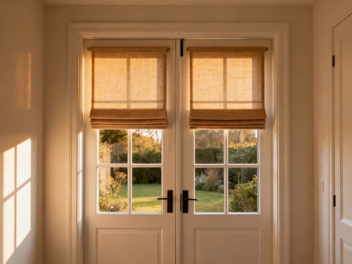 Slim natural linen roman shades mounted on a pair of white french doors
