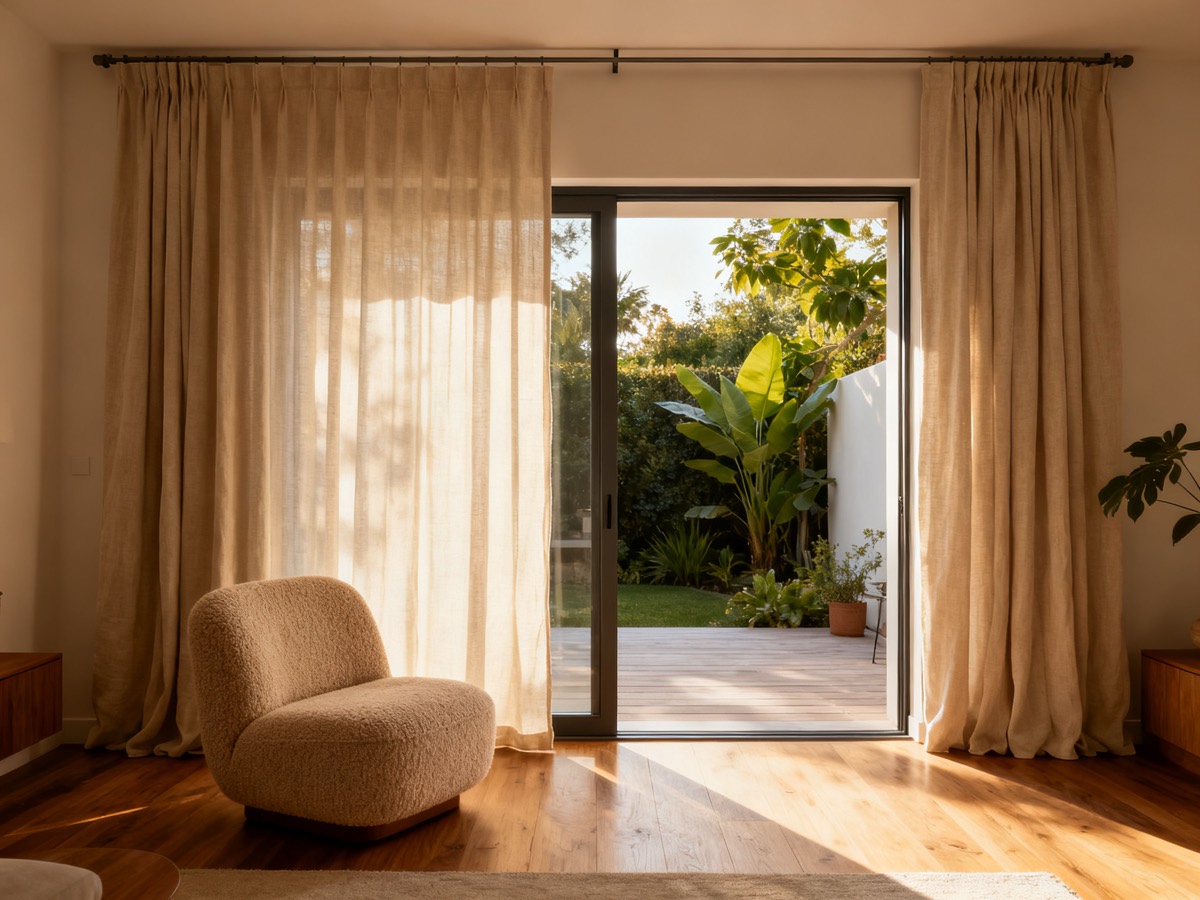 Extra-wide oatmeal linen curtains on a ceiling track dressing a sliding glass patio door
