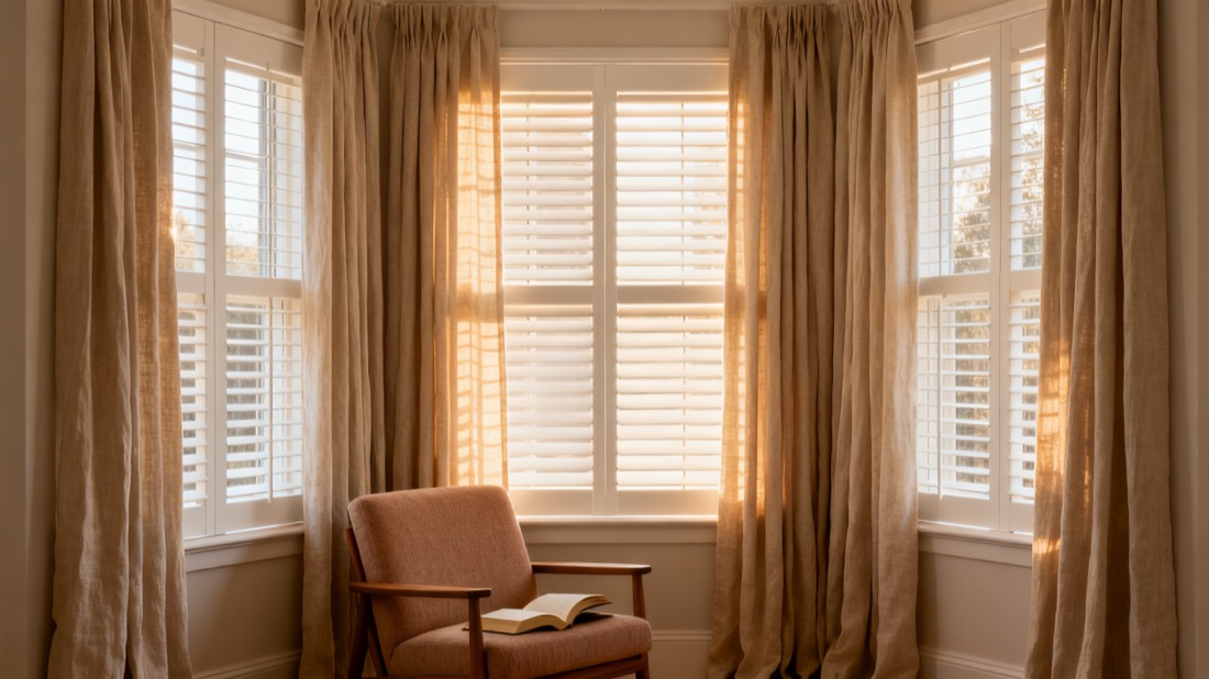 Bay window mixing white wooden blinds on the center pane with linen curtains on the sides