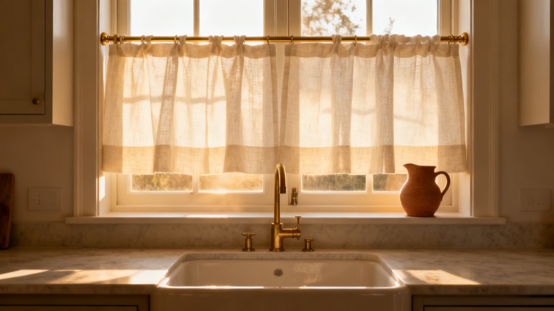 Half-height cream linen cafe curtains on a brass rod over a farmhouse kitchen sink
