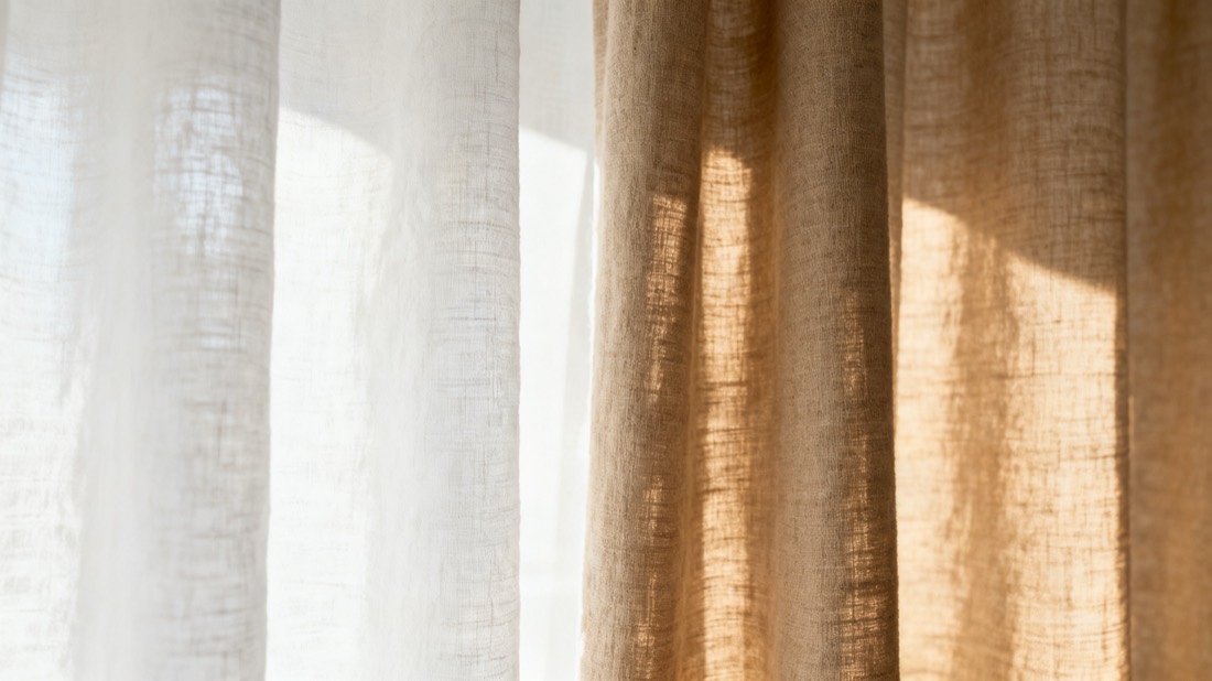Two linen curtain panels side by side contrasting pure white Belgian flax and a warmer oatmeal blend