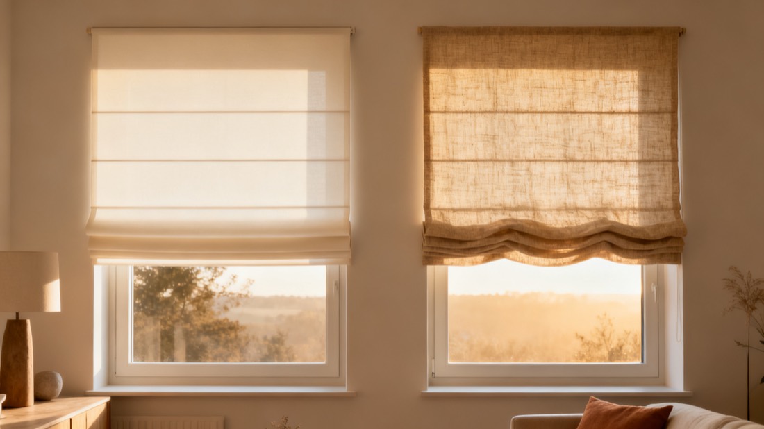 Twin windows dressed with a smooth ivory roman shade and a textured natural linen roman shade