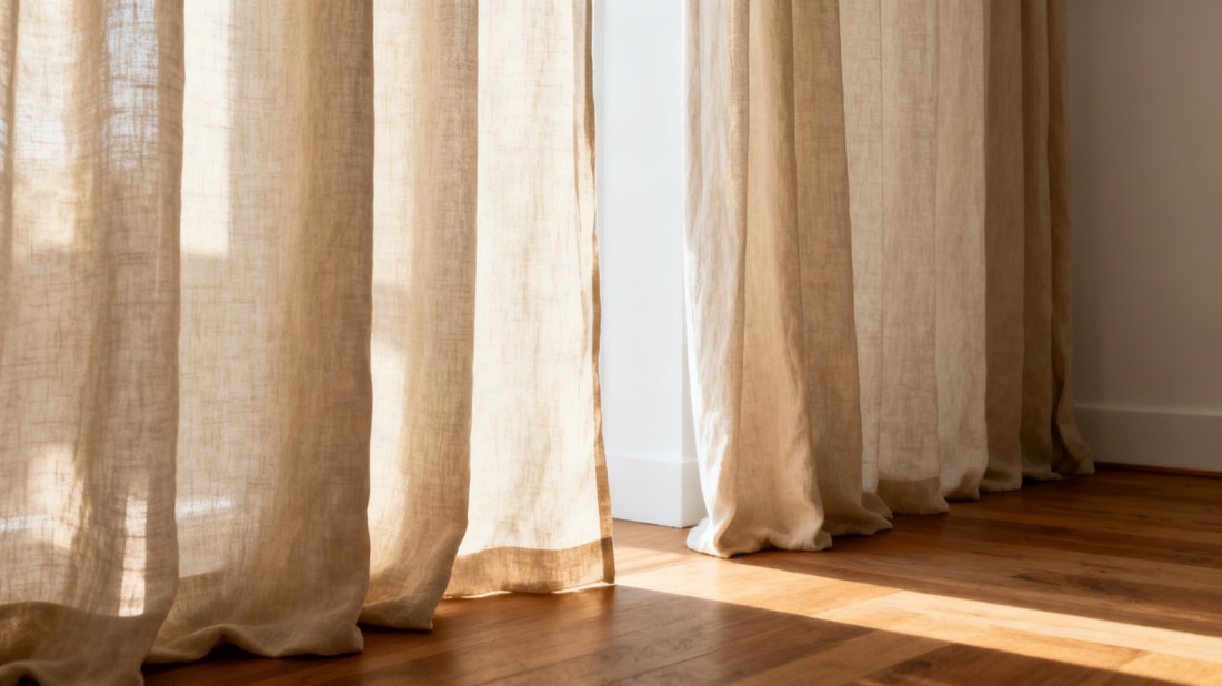 Full-length oatmeal slub linen curtains in bright morning side light