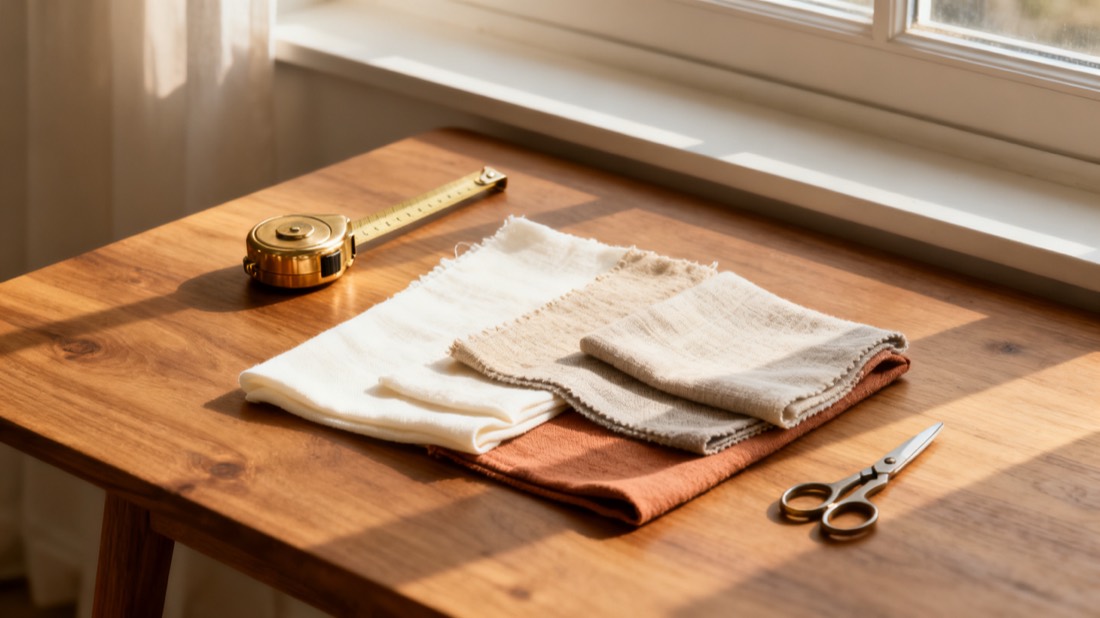 Brass tape measure and linen fabric swatches laid out on an oak table by a window