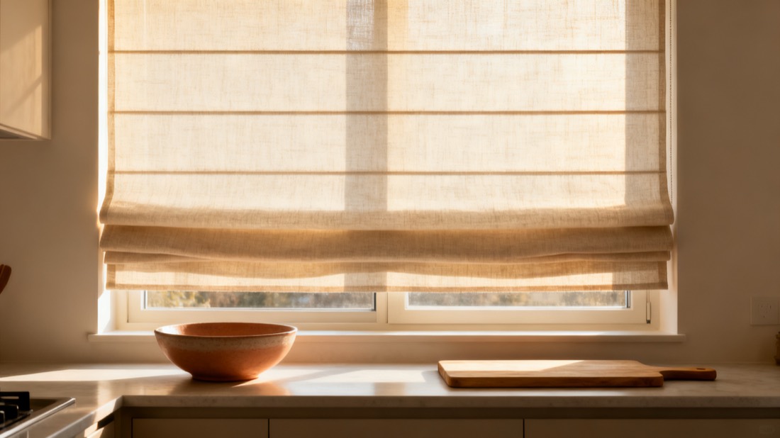 Natural linen flat-fold roman shade half raised over a kitchen window