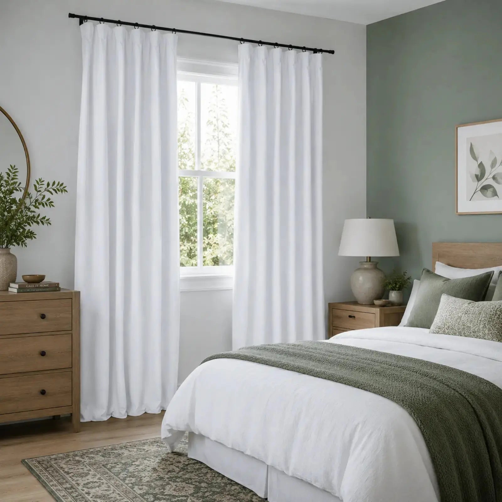 Lila 100% Blackout Soft Top snow-white drapes in a serene bedroom
