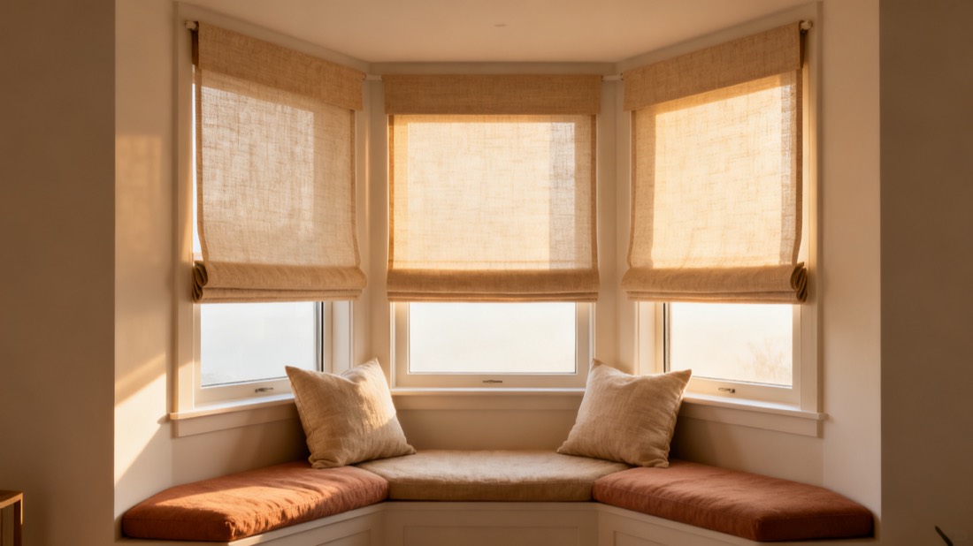 Sunlit bay window with slim linen roman shades fitted to each angled pane