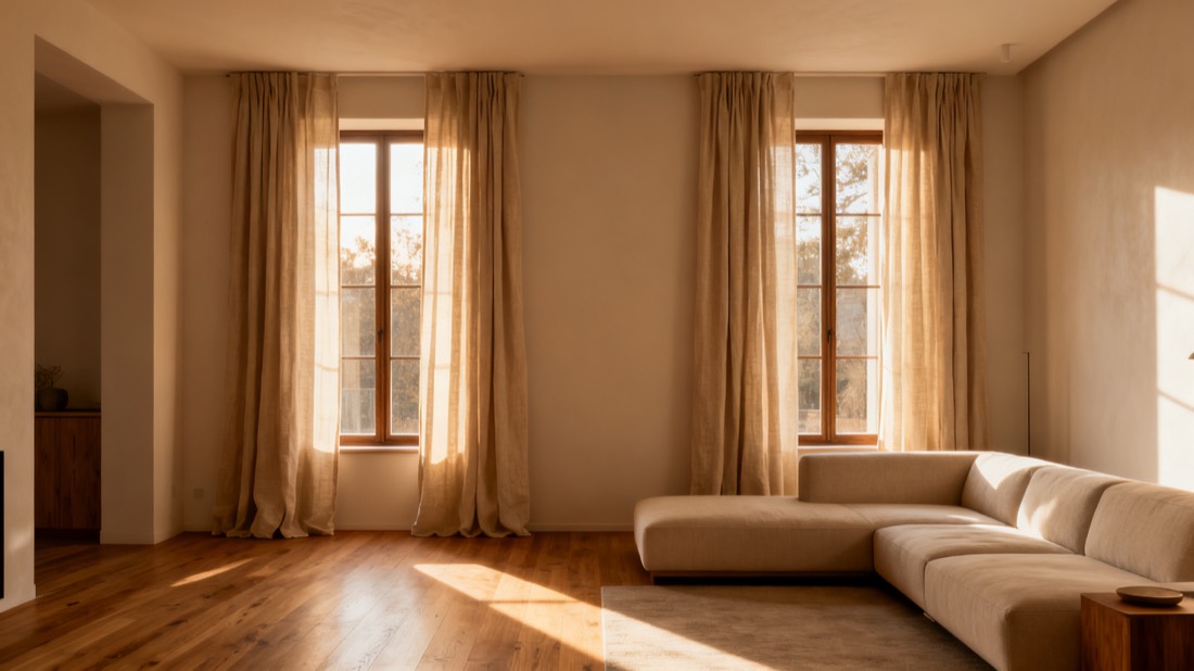 Warm Scandinavian-modern living room with two tall windows in oatmeal linen curtains