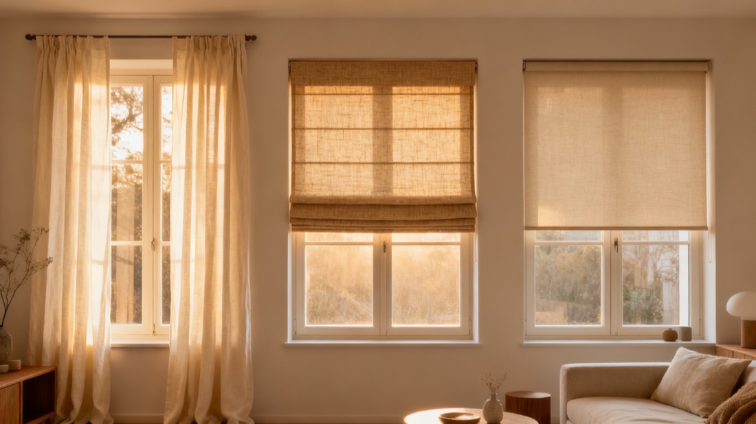 Three windows in a row dressed with linen curtains, a roman shade and a roller shade