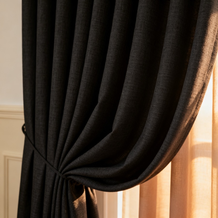 Close-up of densely woven charcoal blackout curtain fabric in deep folds
