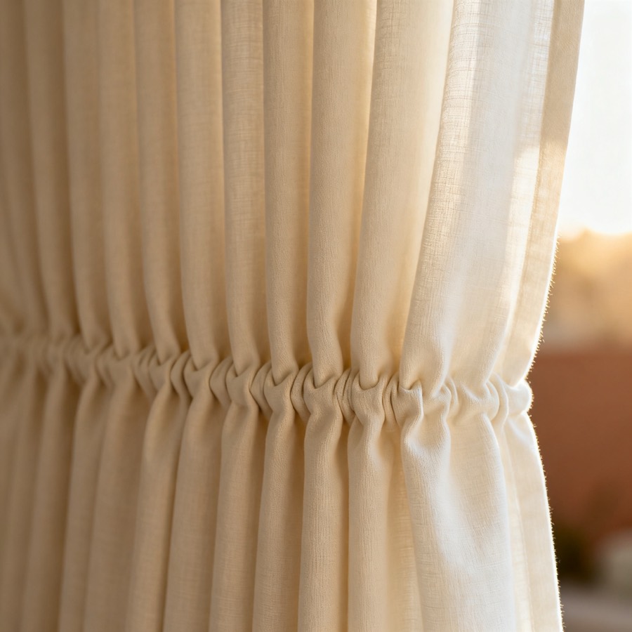 Close-up of crisp cream cotton curtain fabric in neat pinch pleats