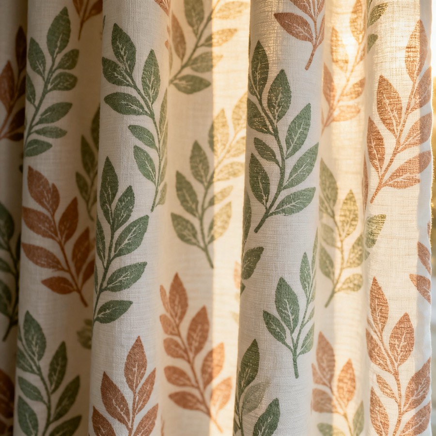 Close-up of a botanical block-print drapery fabric in sage and clay on ivory linen