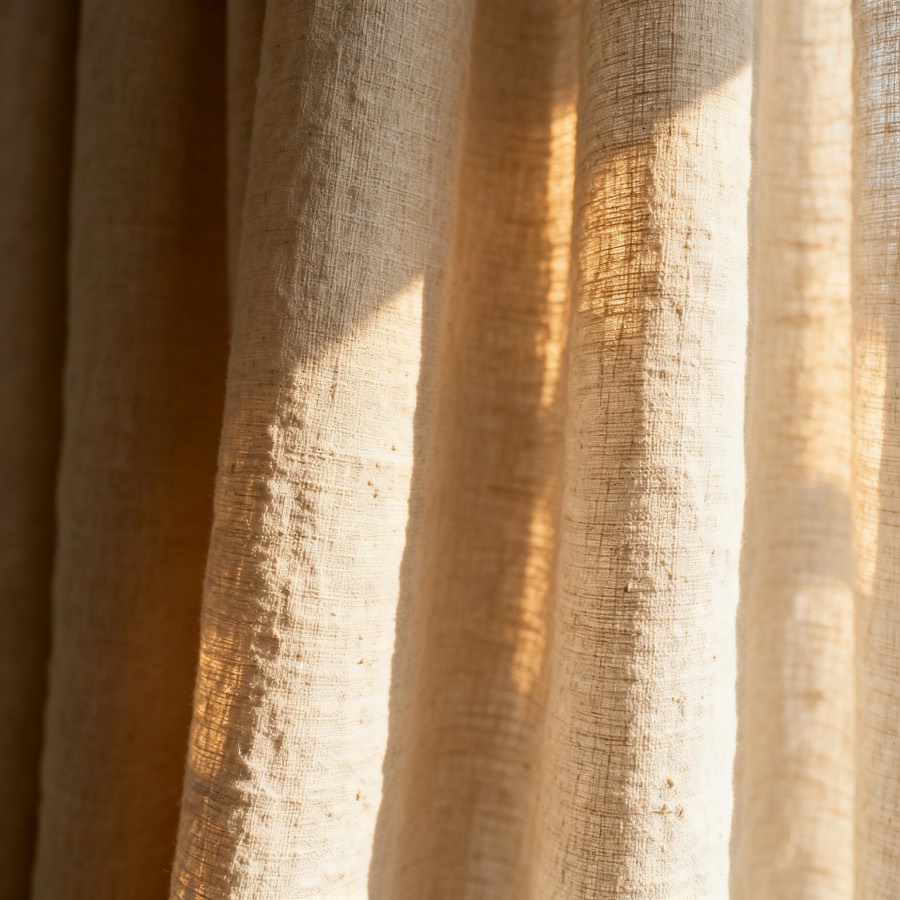 Close-up of oatmeal slub linen curtain fabric in soft vertical folds