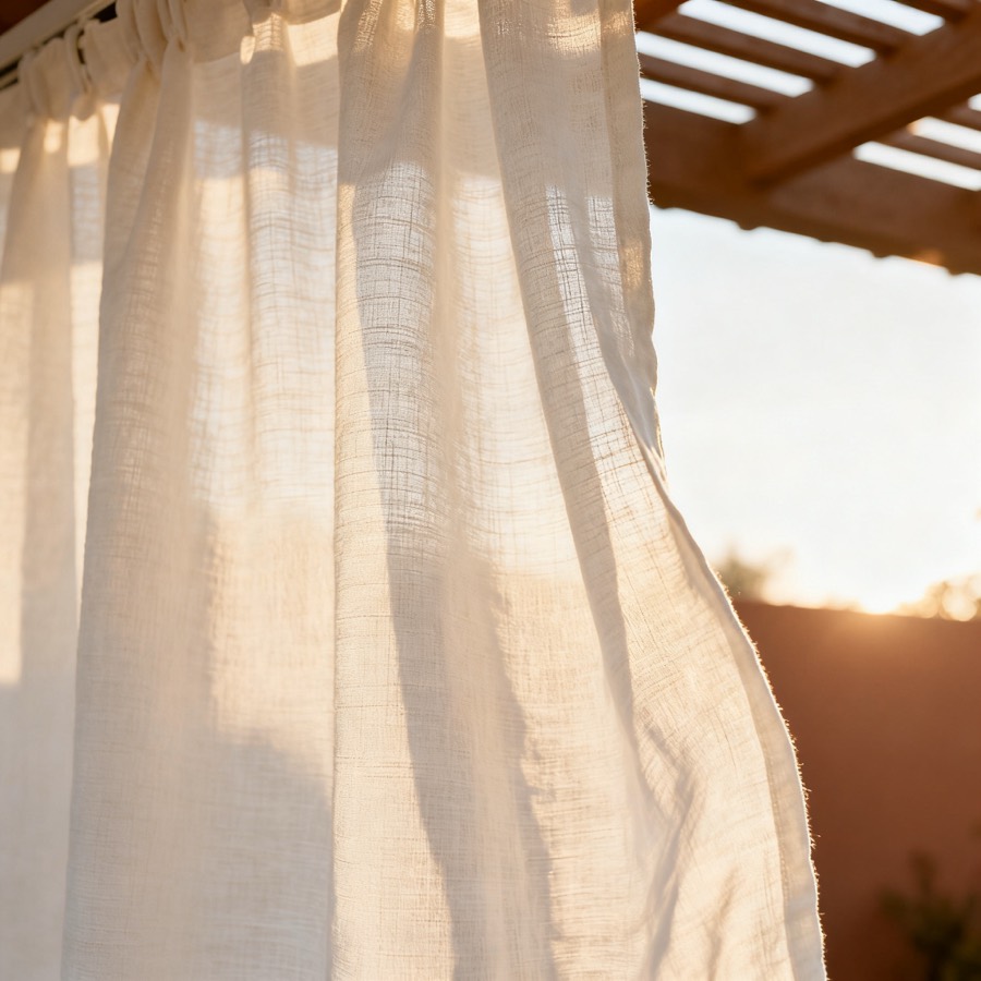 Close-up of natural-white outdoor acrylic canvas curtain fabric in sunlight