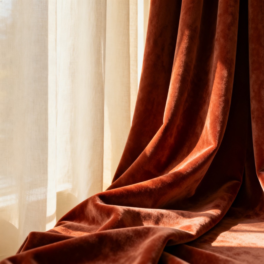 Close-up of deep terracotta cotton velvet drapery fabric in heavy folds